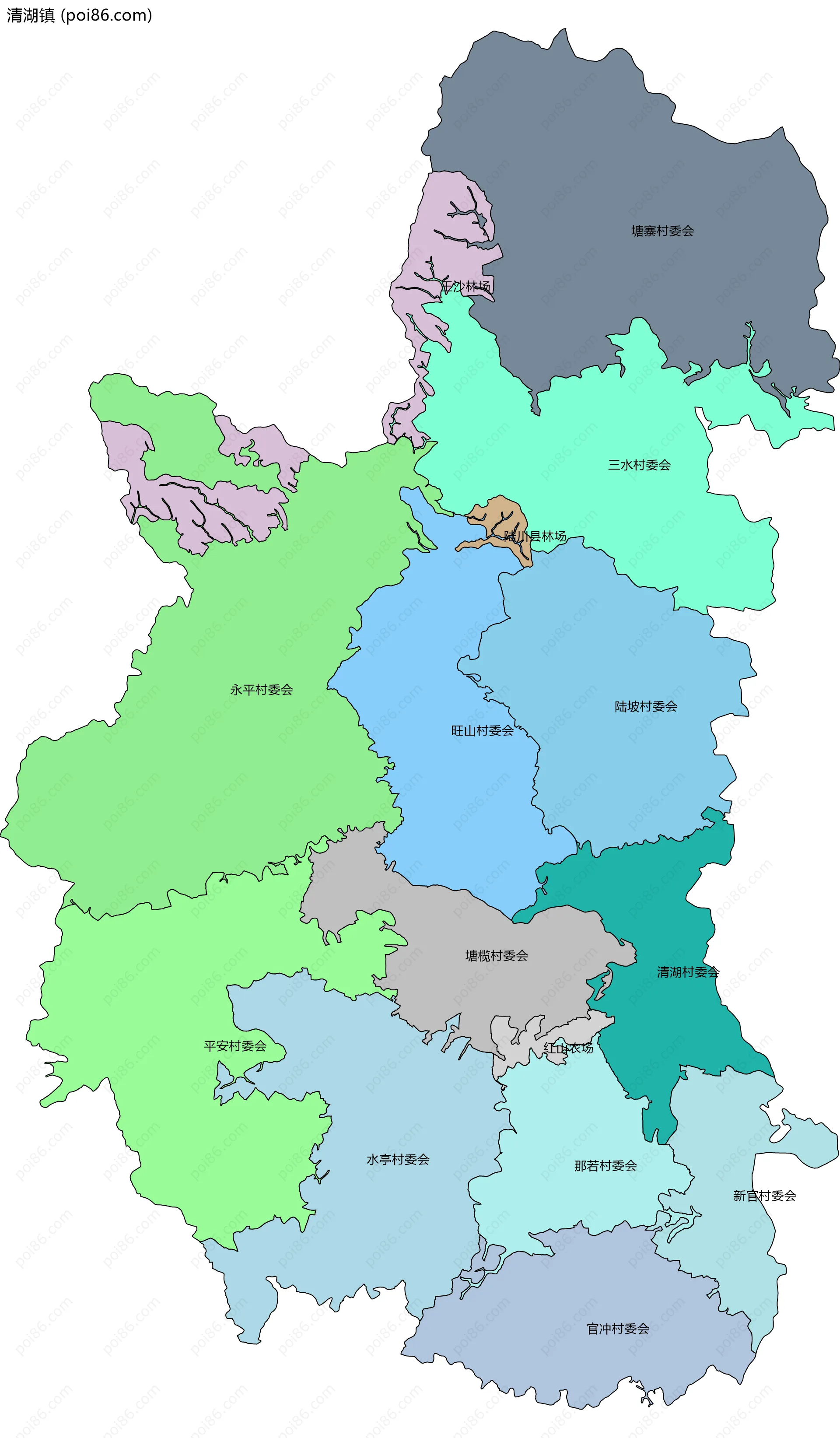 清湖镇边界地图(五级行政区划)