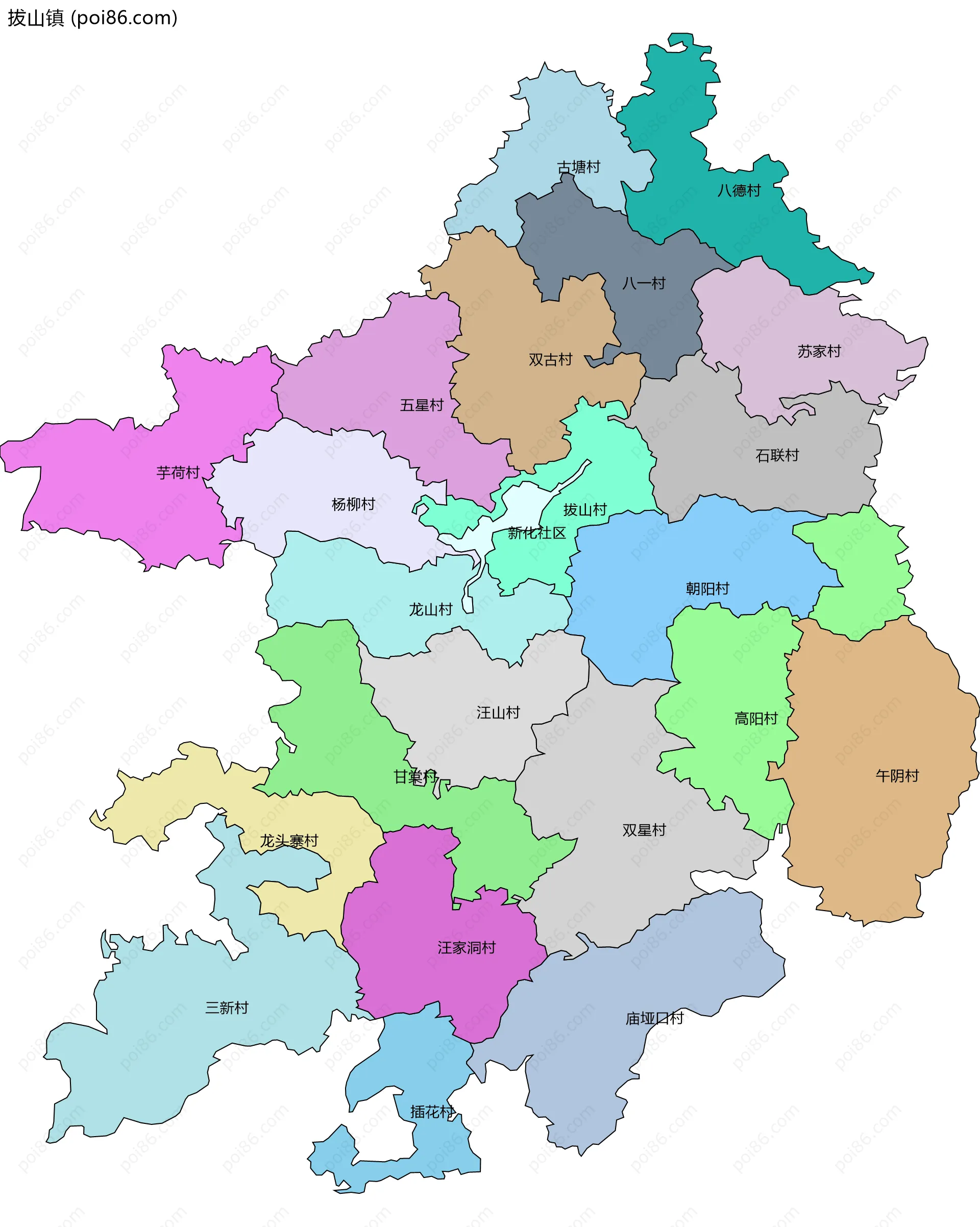 拔山镇边界地图(五级行政区划)