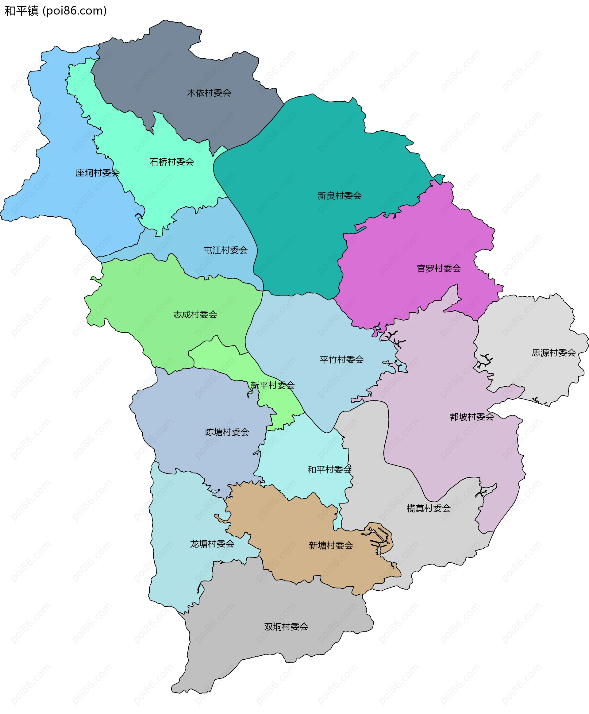 和平镇边界地图(五级行政区划)