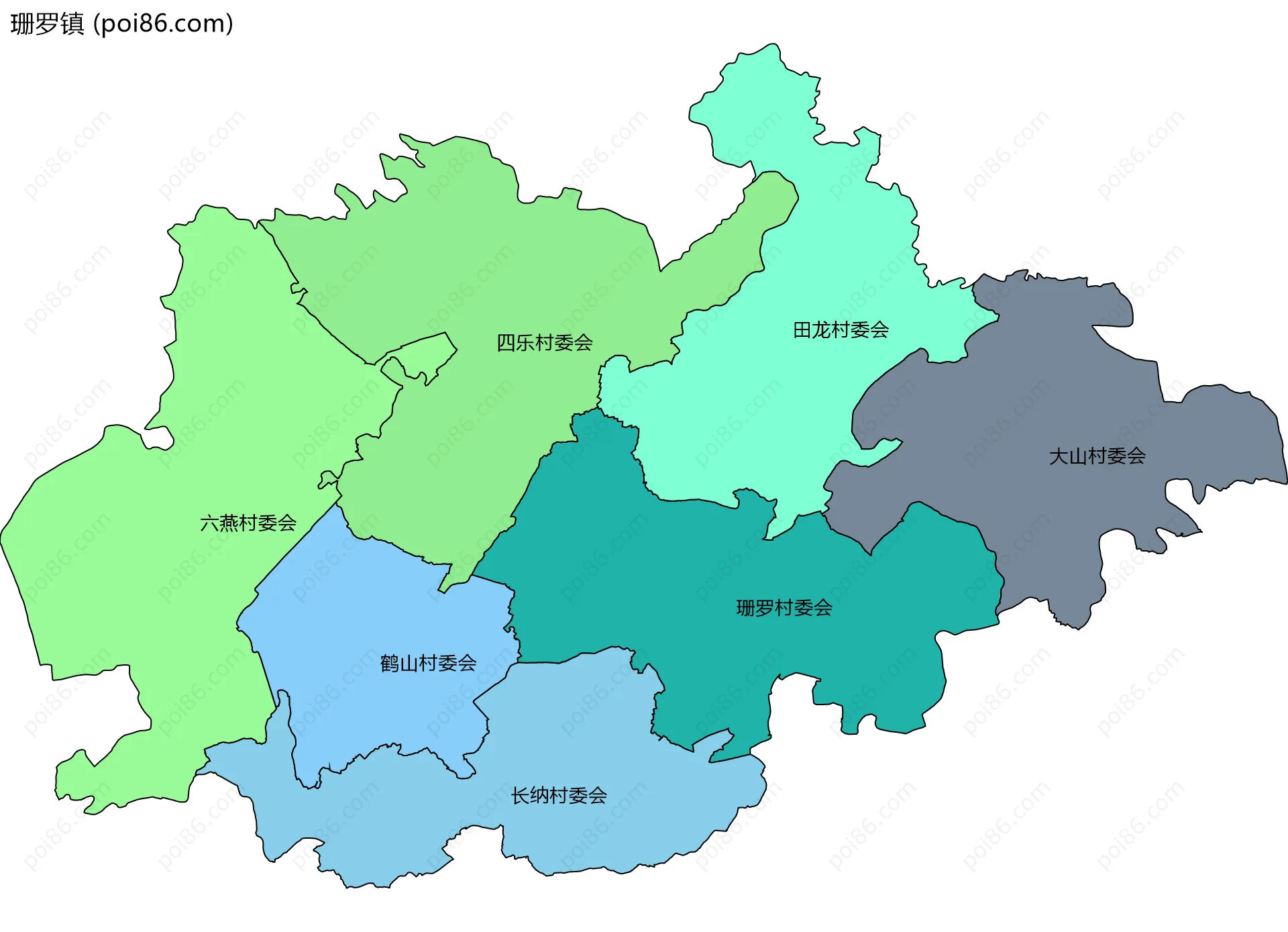 珊罗镇边界地图(五级行政区划)