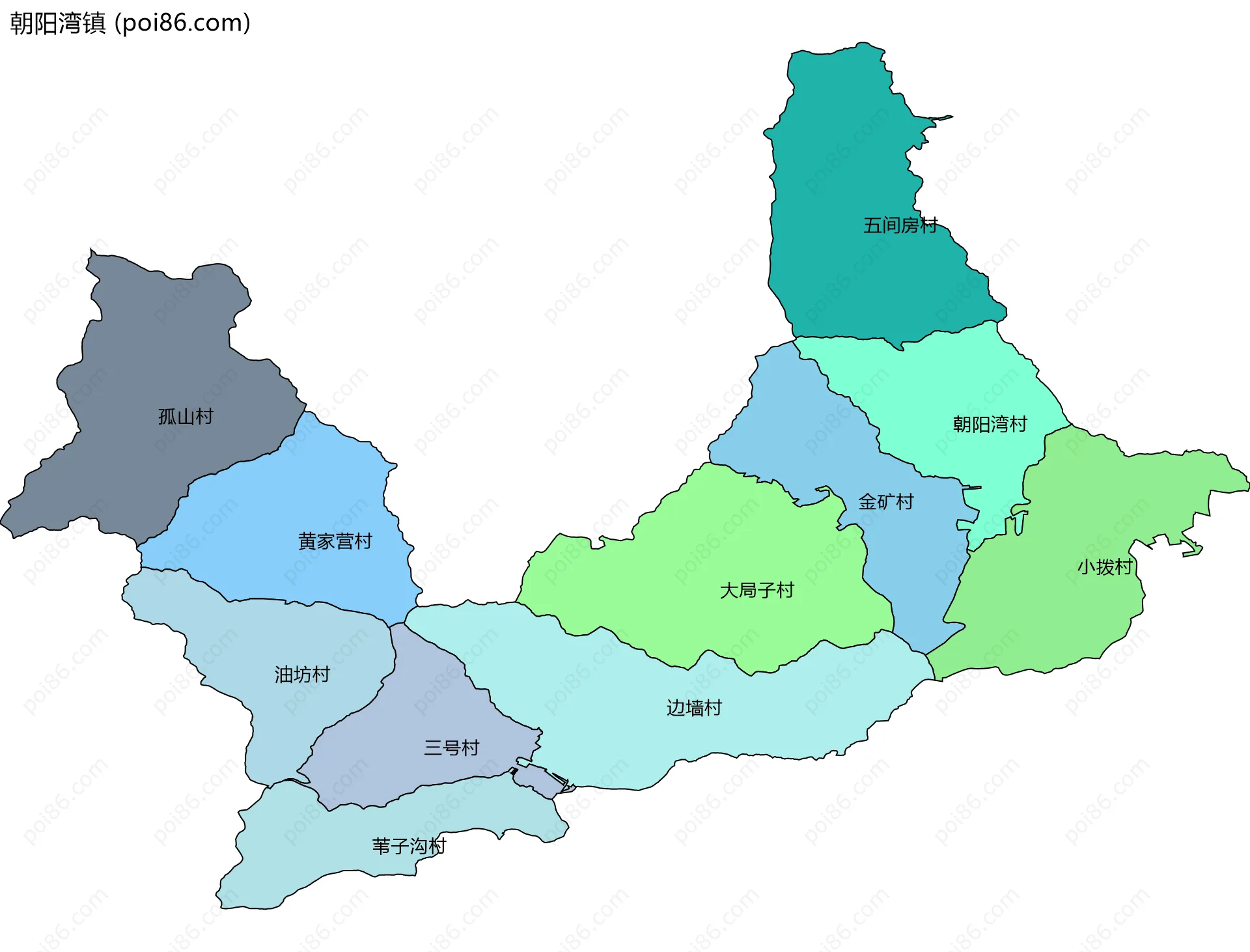 朝阳湾镇边界地图(五级行政区划)