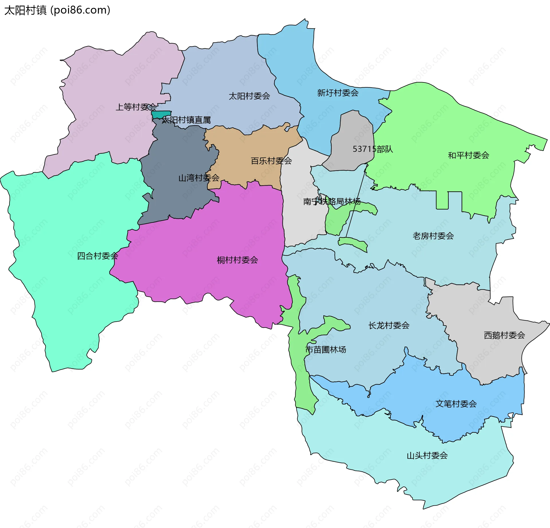 太阳村镇边界地图(五级行政区划)