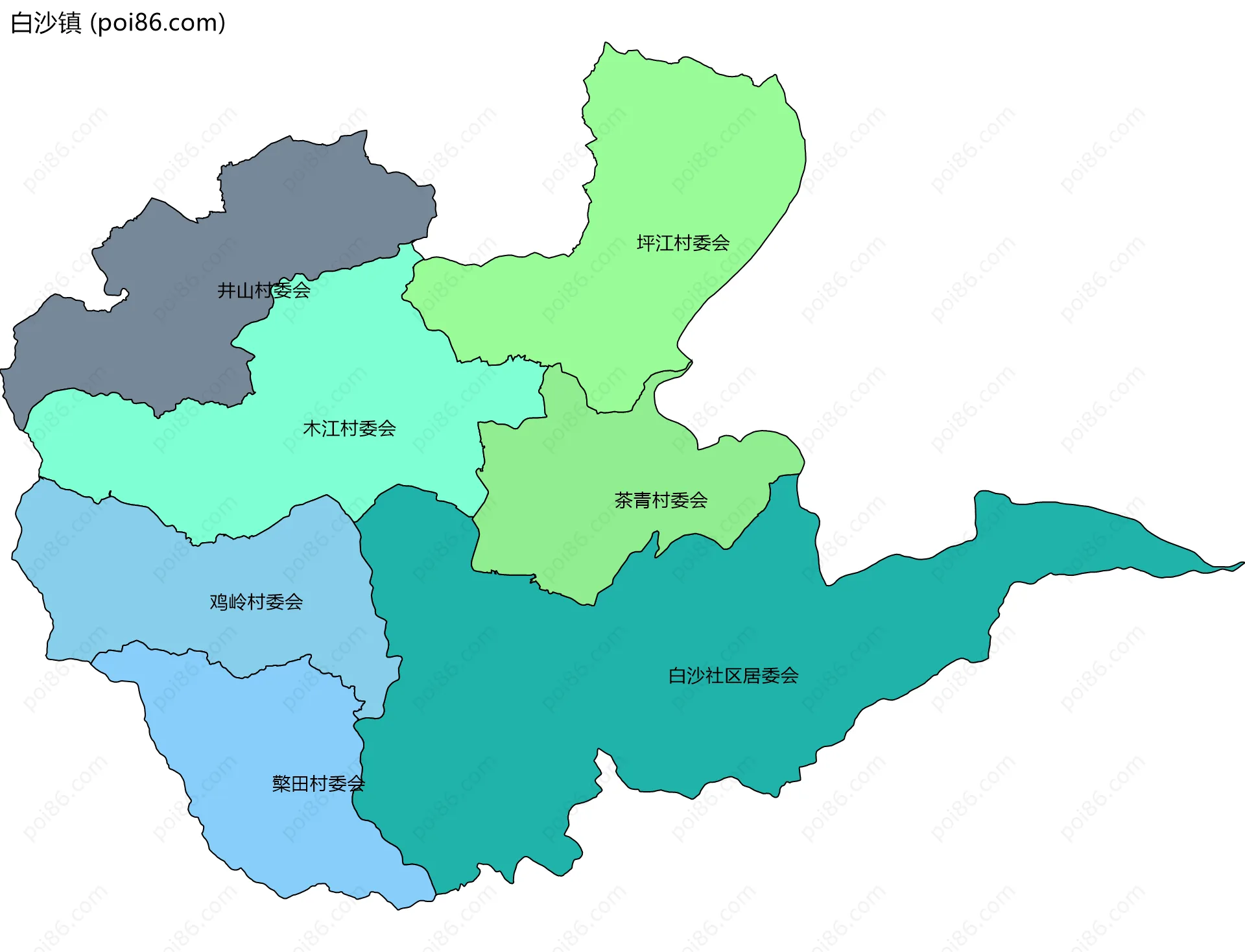 白沙镇边界地图(五级行政区划)