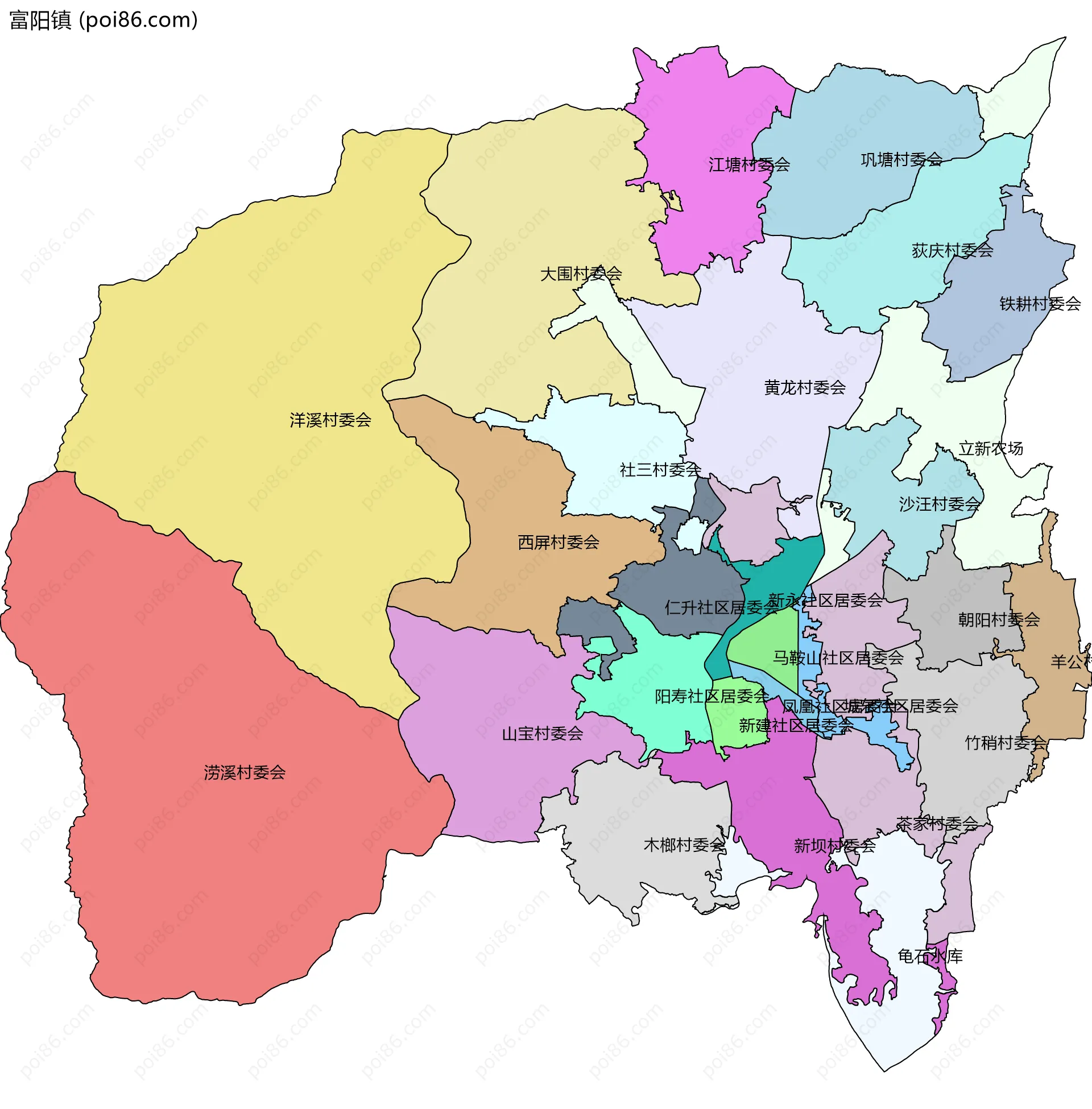 富阳镇边界地图(五级行政区划)