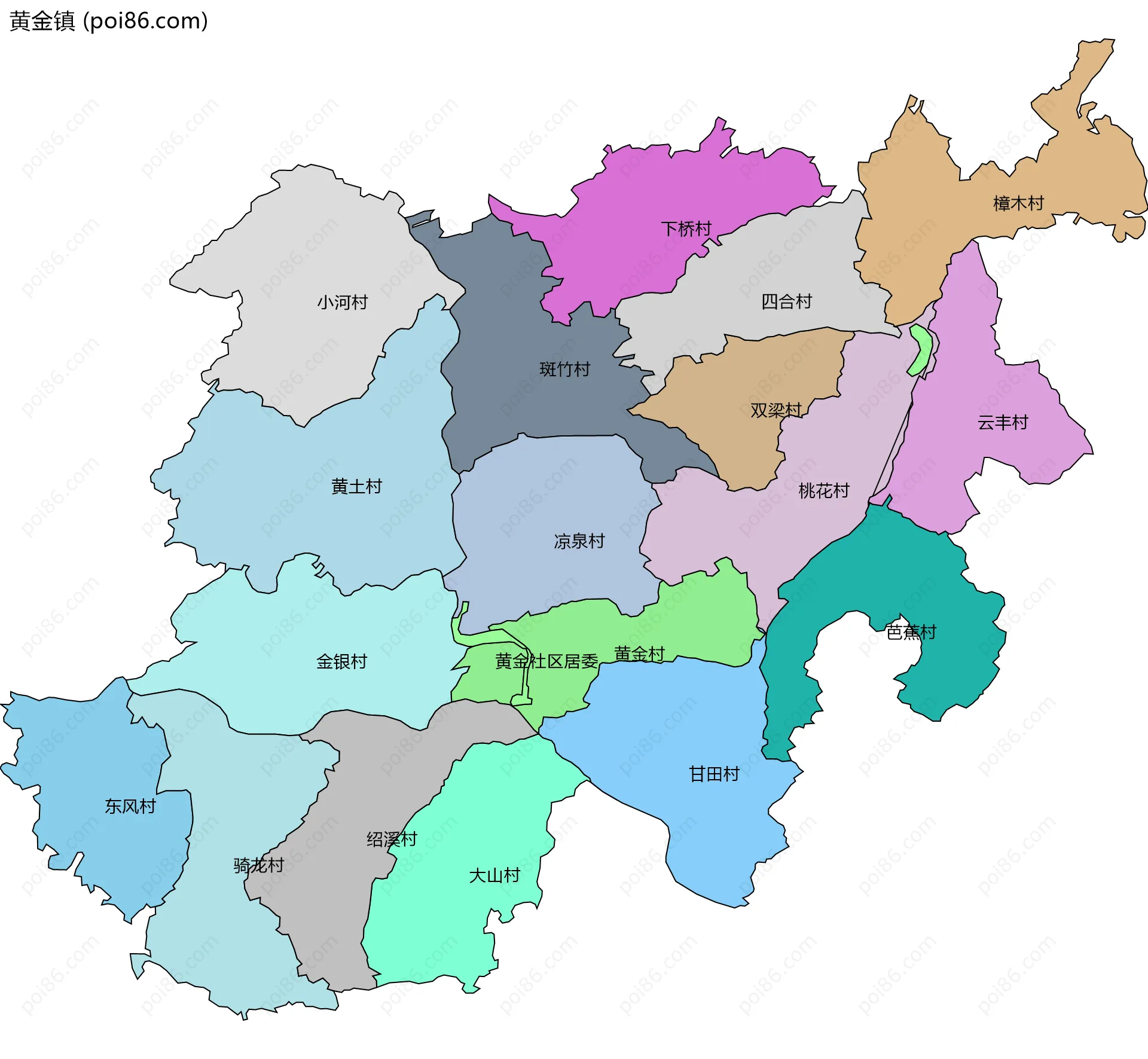 黄金镇边界地图(五级行政区划)