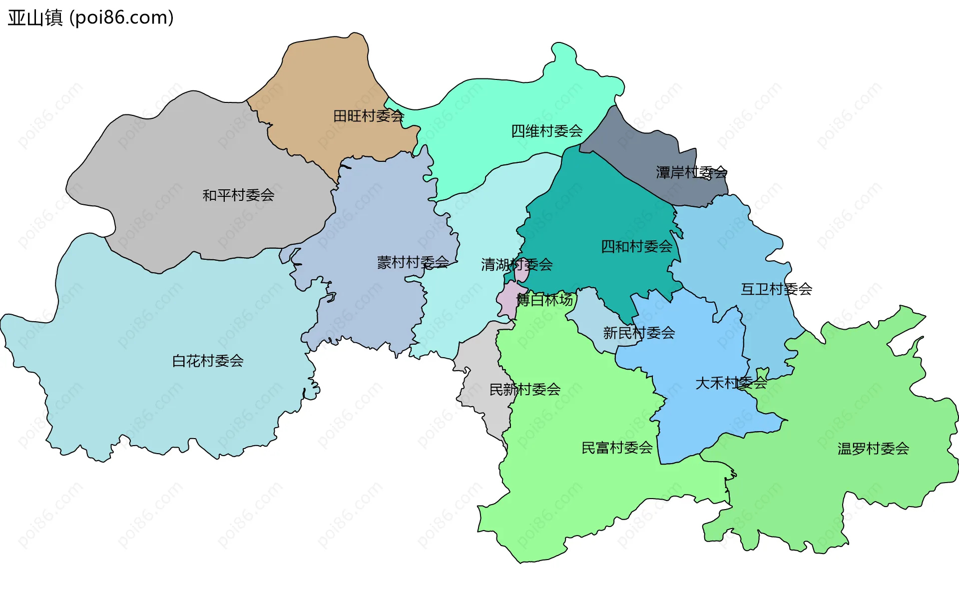 亚山镇边界地图(五级行政区划)