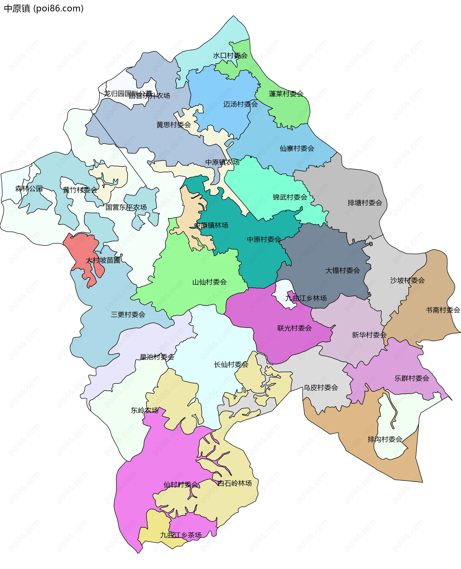 中原镇边界地图(五级行政区划)