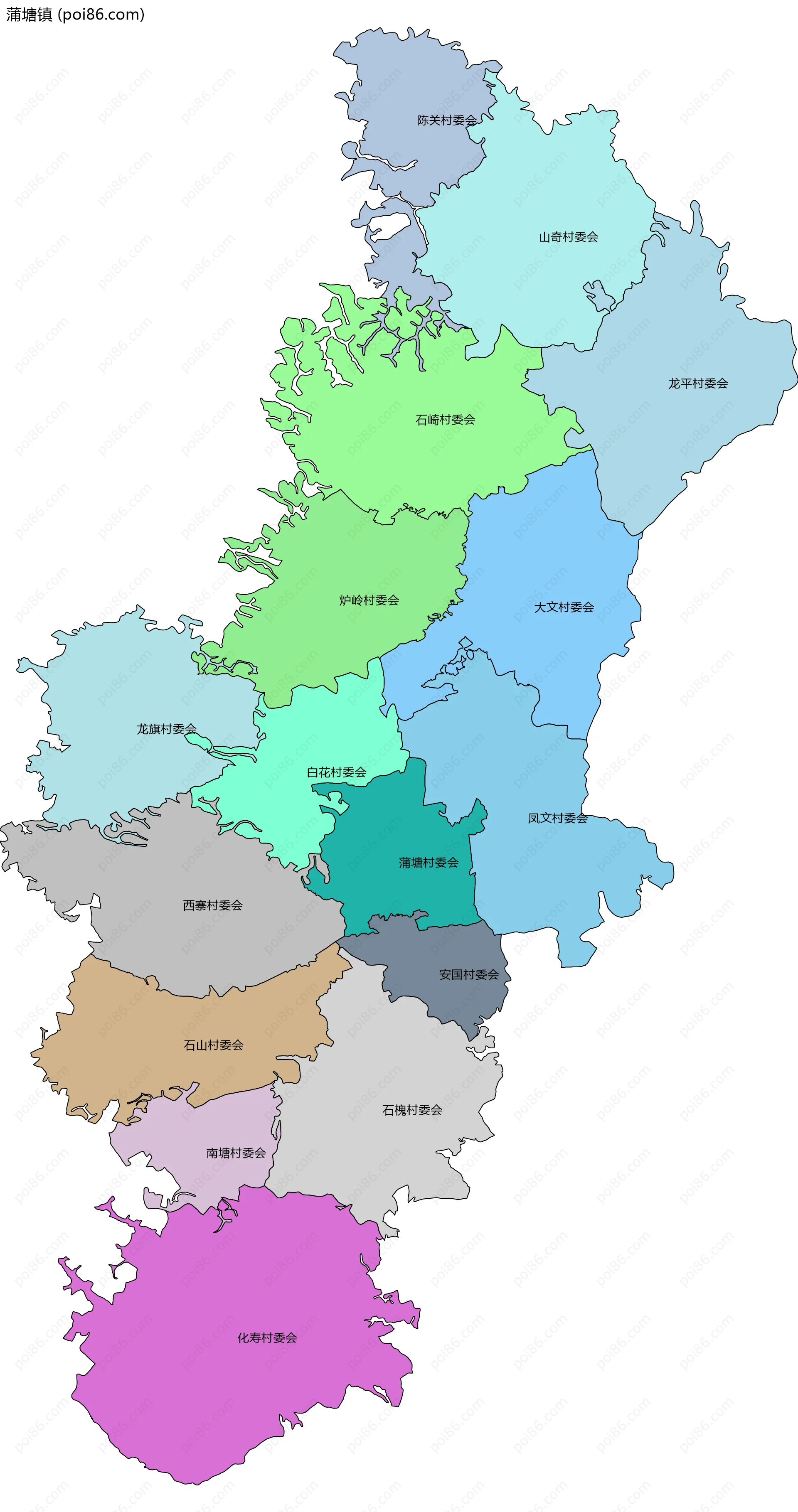 蒲塘镇边界地图(五级行政区划)