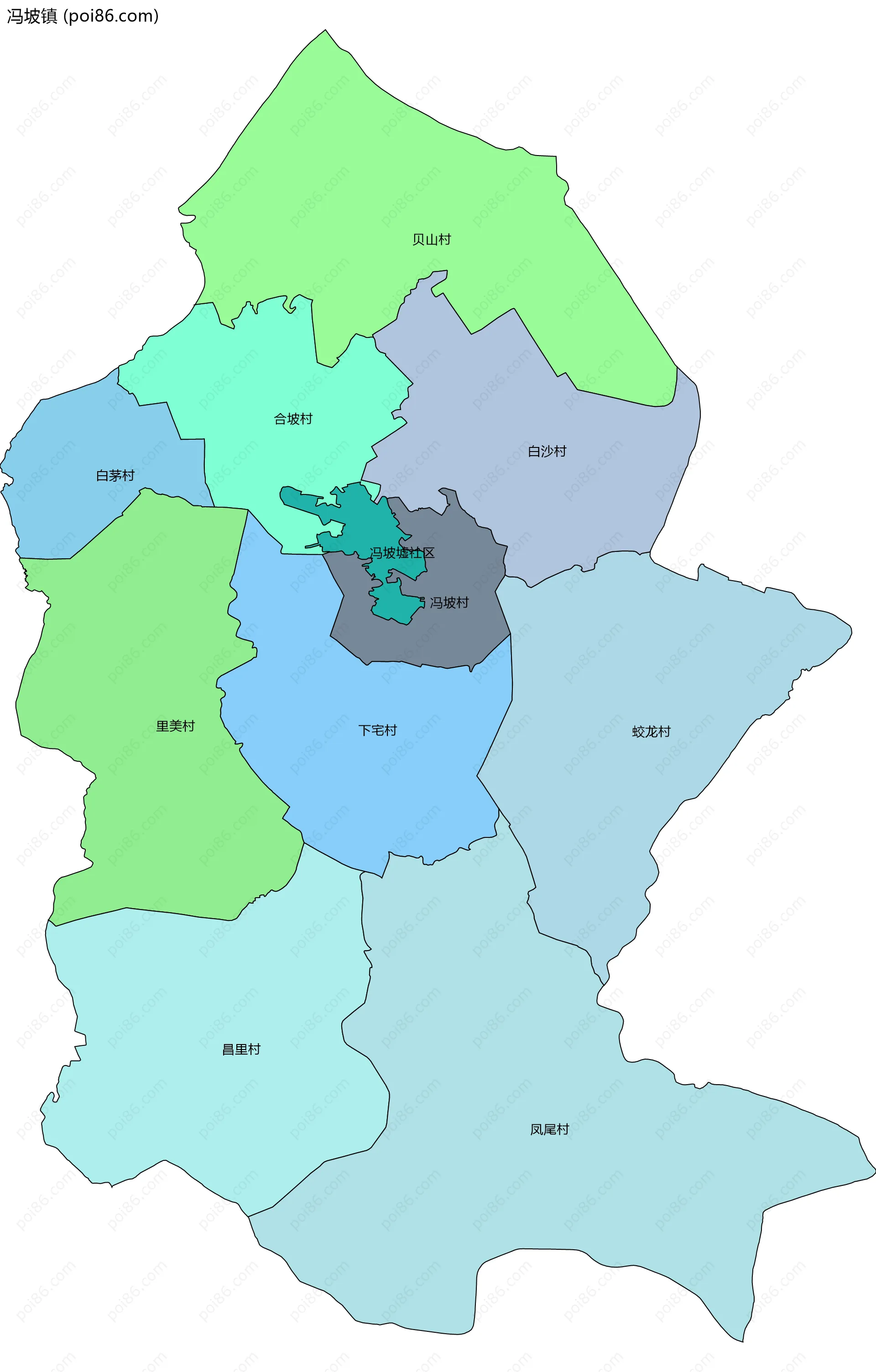 冯坡镇边界地图(五级行政区划)