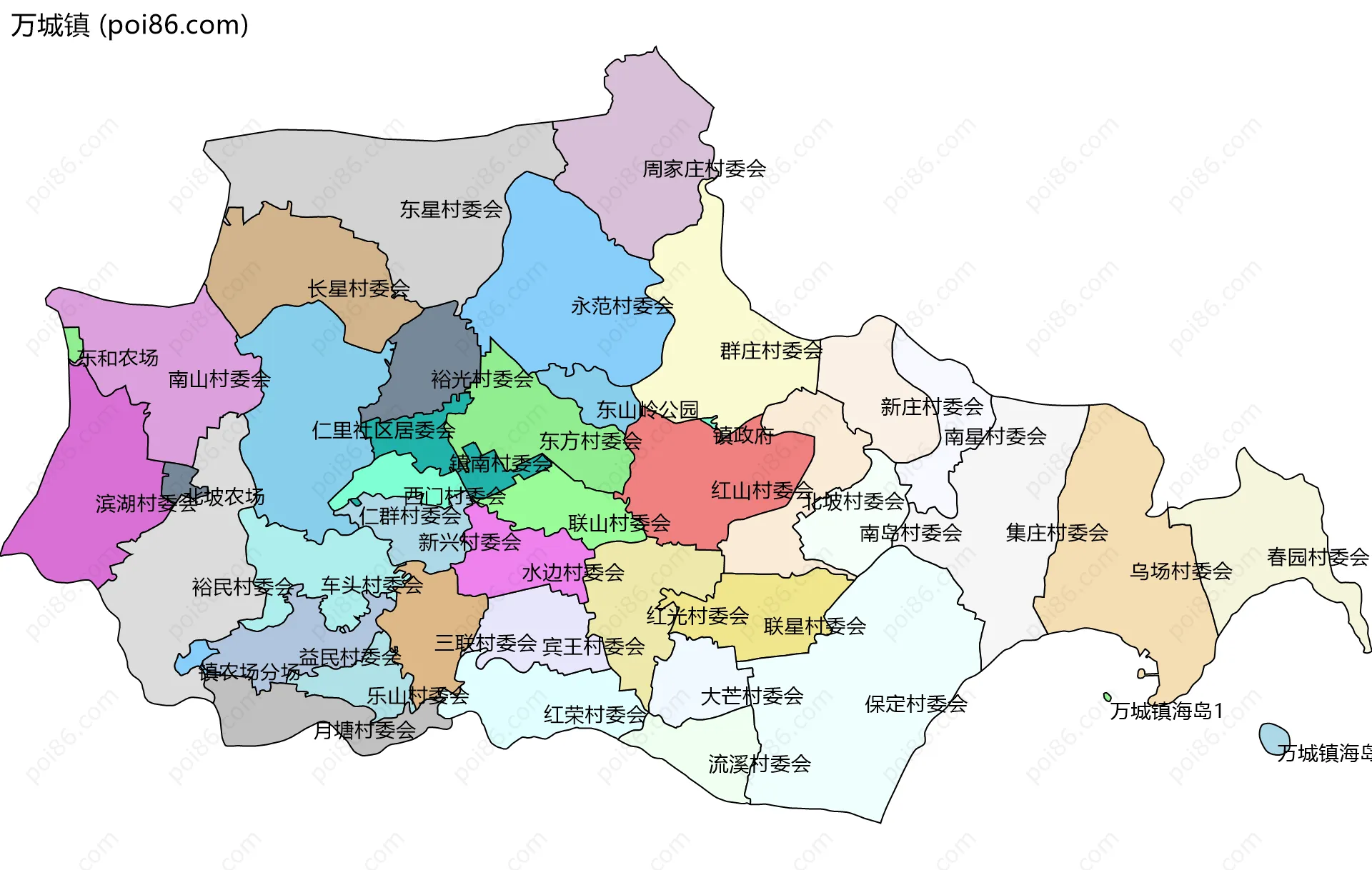 万城镇边界地图(五级行政区划)