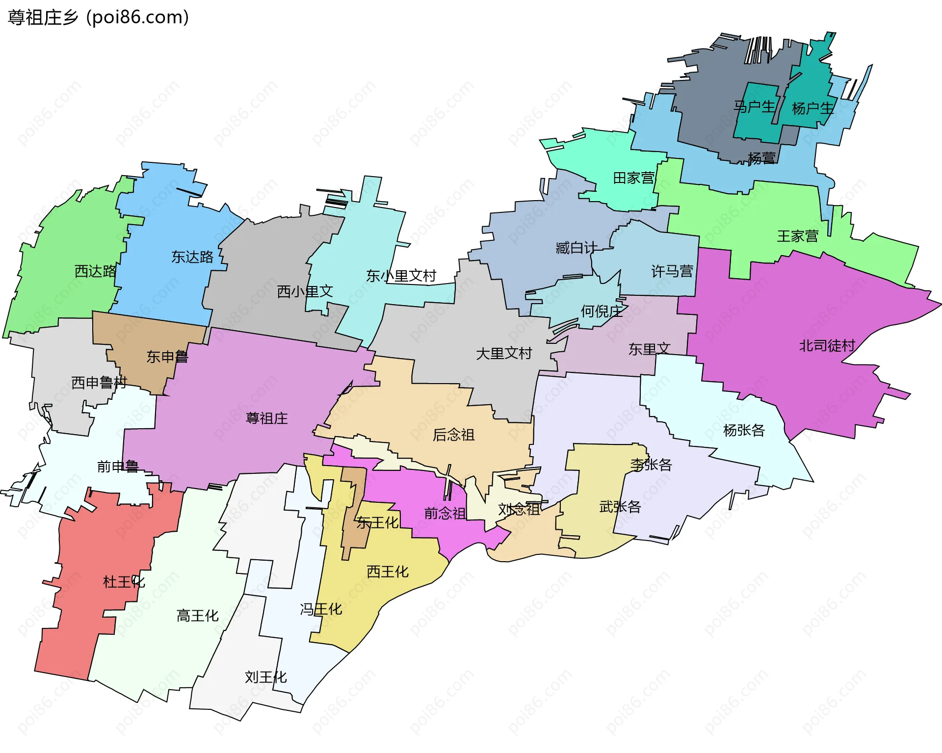 尊祖庄乡边界地图(五级行政区划)