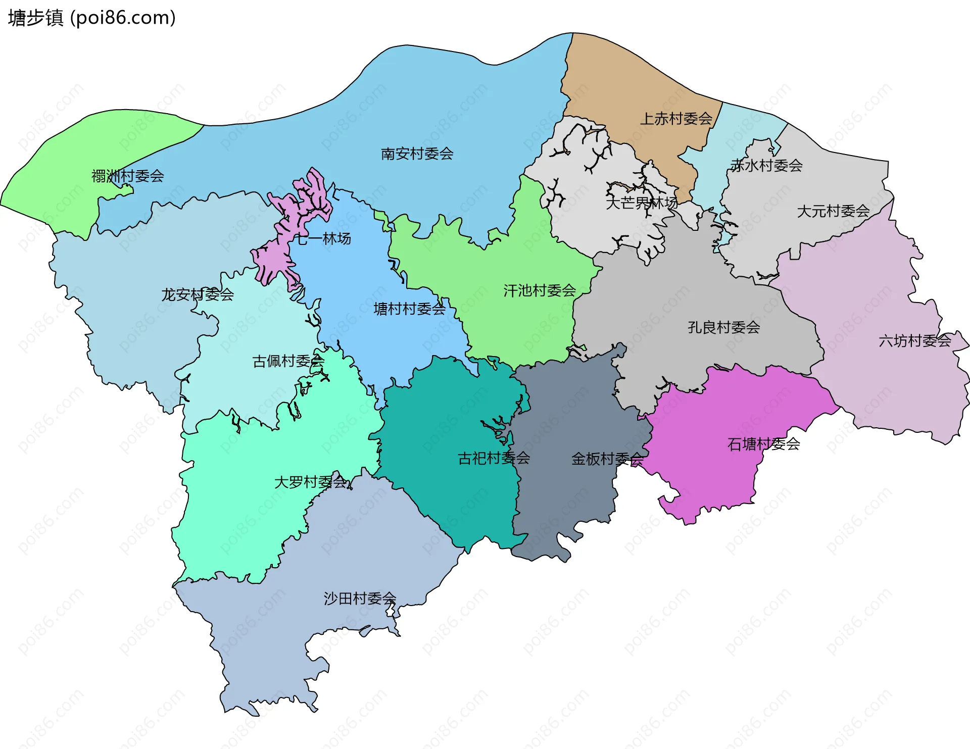 塘步镇边界地图(五级行政区划)