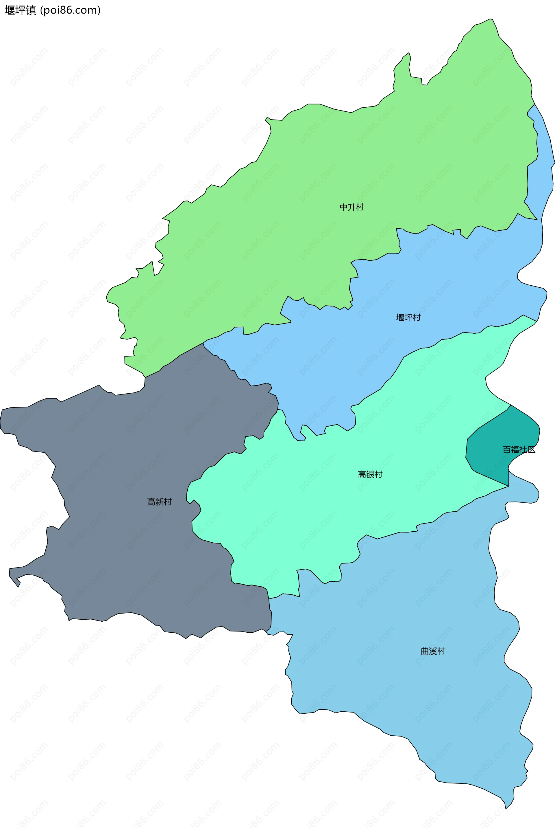 堰坪镇边界地图(五级行政区划)