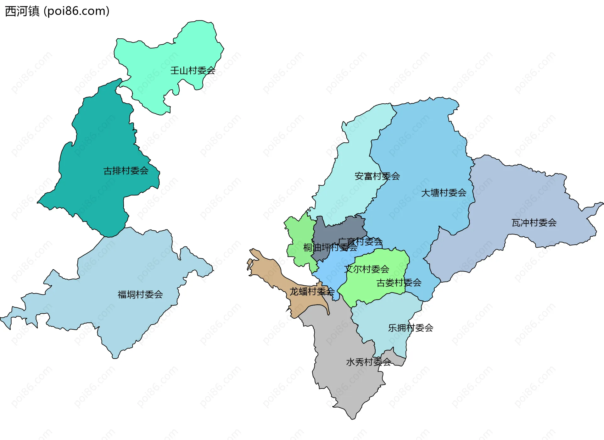 西河镇边界地图(五级行政区划)