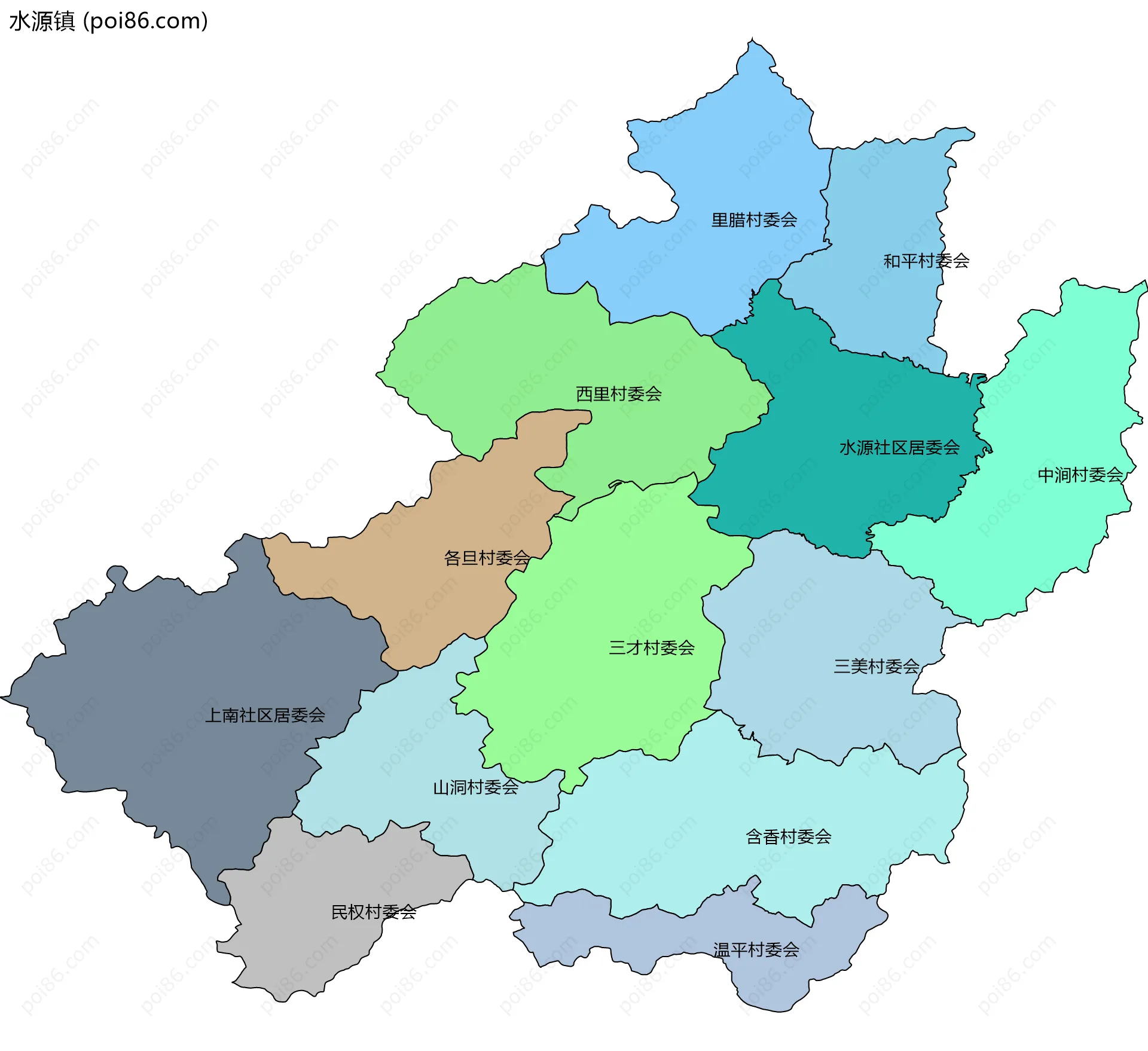 水源镇边界地图(五级行政区划)