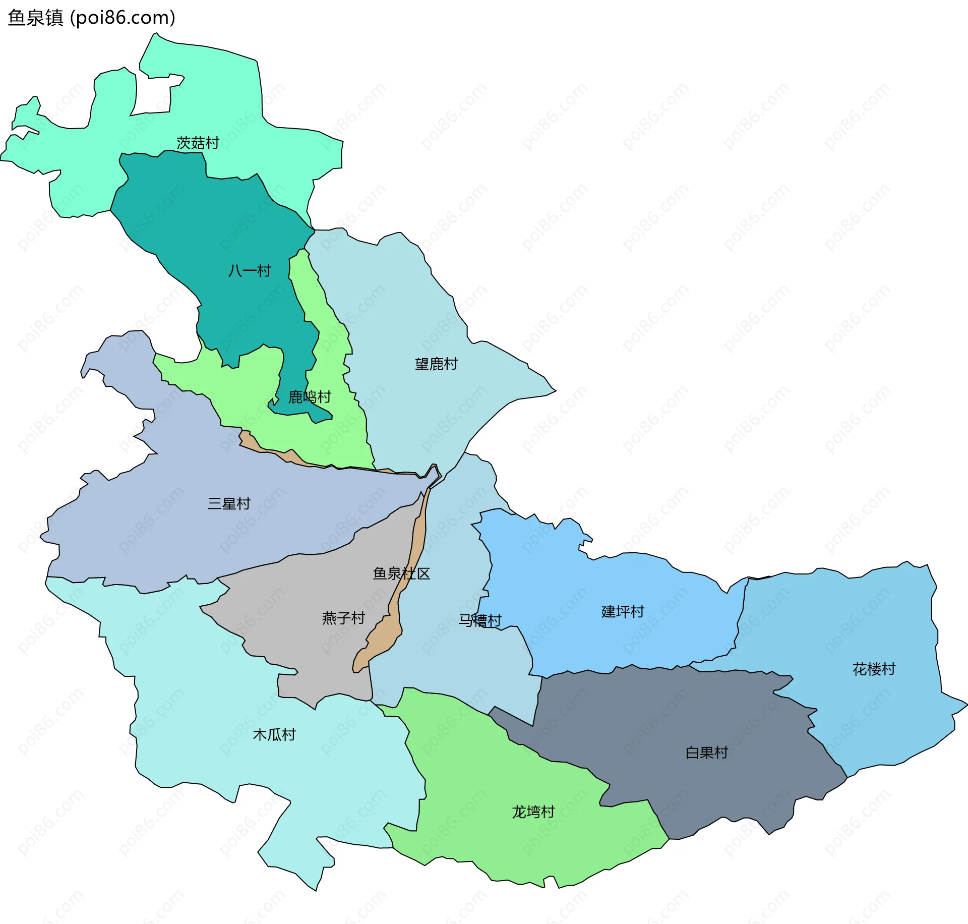 鱼泉镇边界地图(五级行政区划)