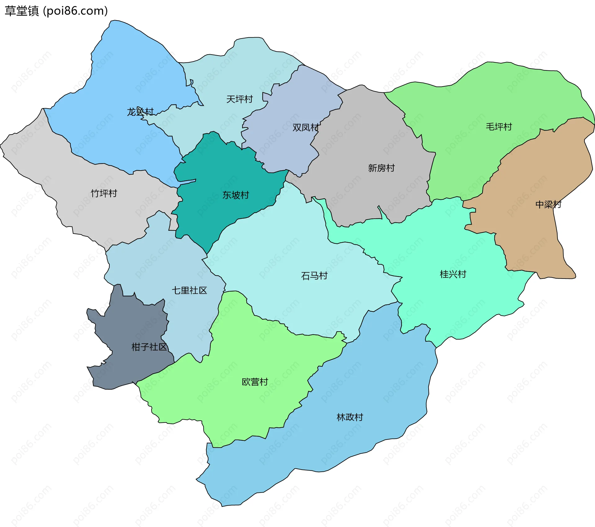 草堂镇边界地图(五级行政区划)