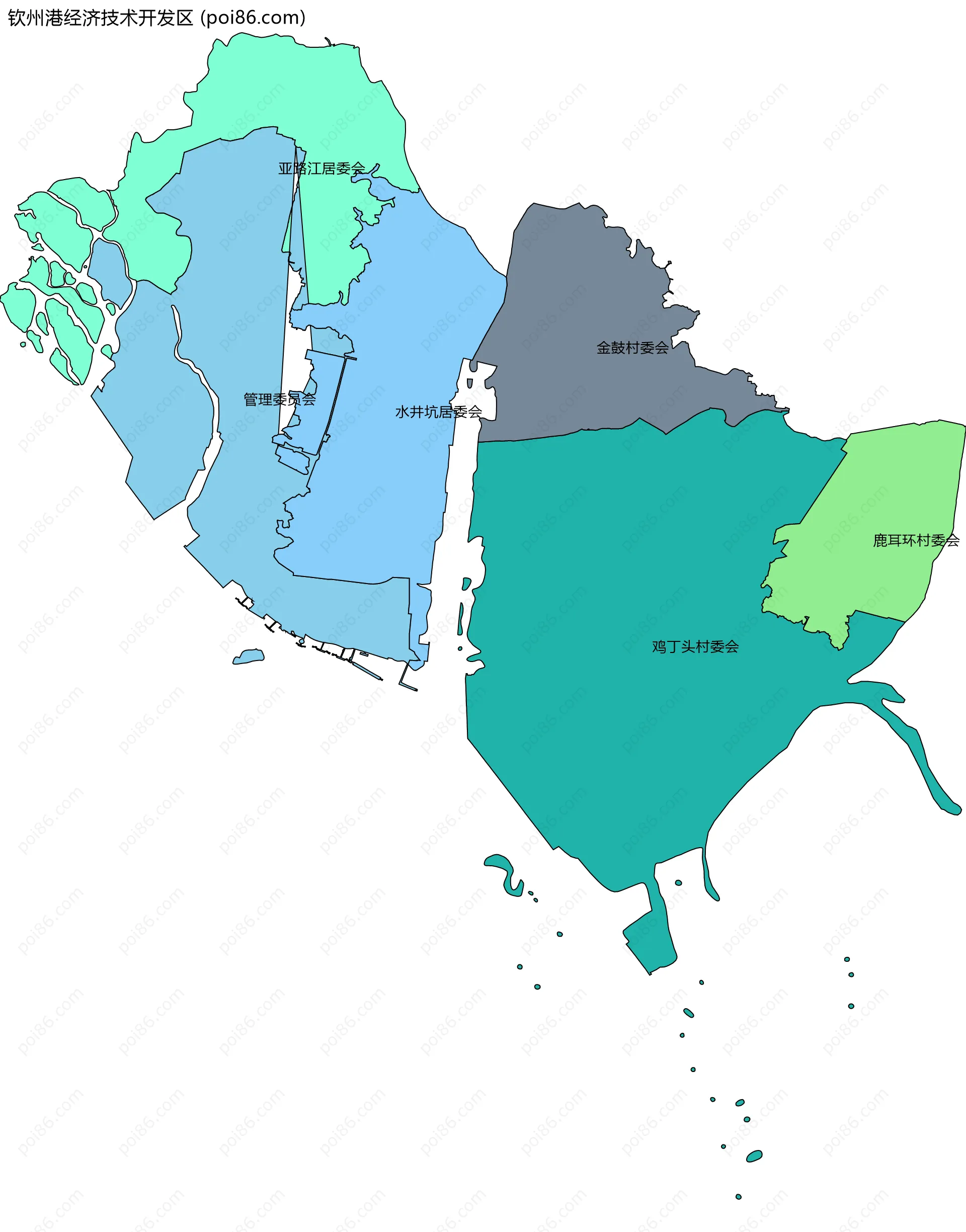 钦州港经济技术开发区边界地图(五级行政区划)
