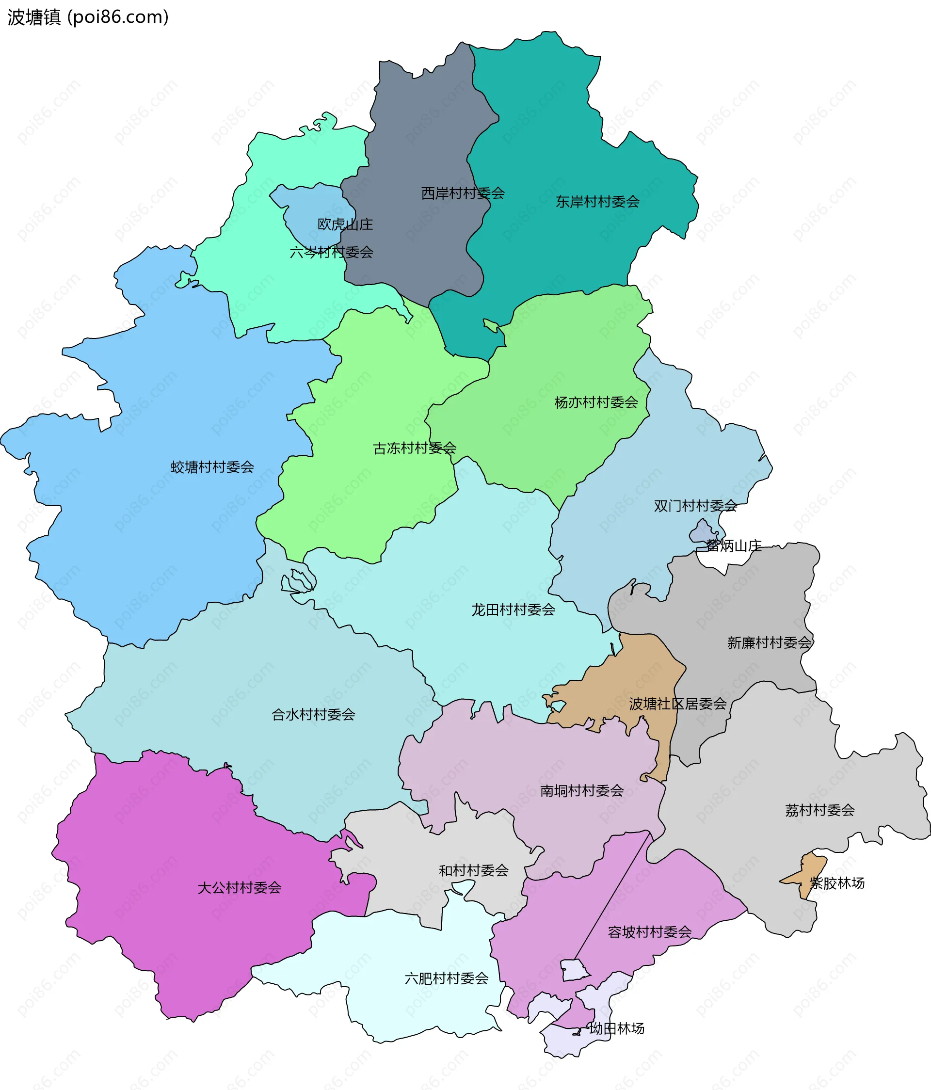 波塘镇边界地图(五级行政区划)