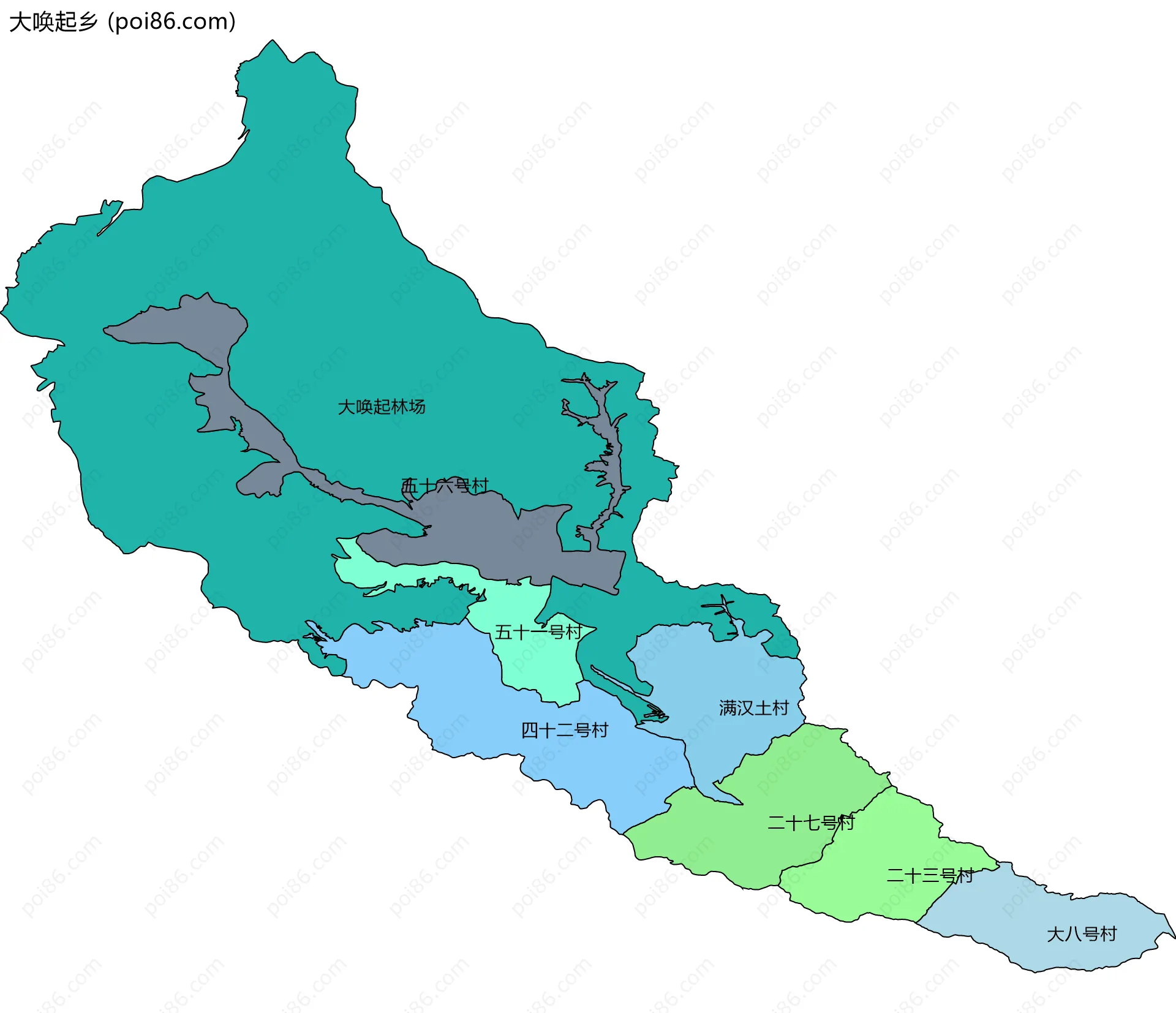 大唤起乡边界地图(五级行政区划)