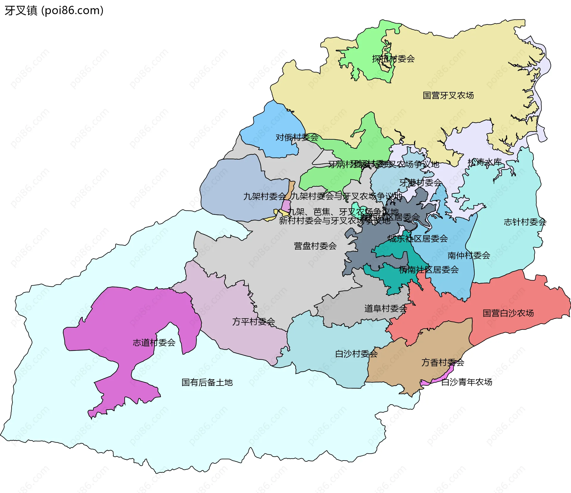 牙叉镇边界地图(五级行政区划)