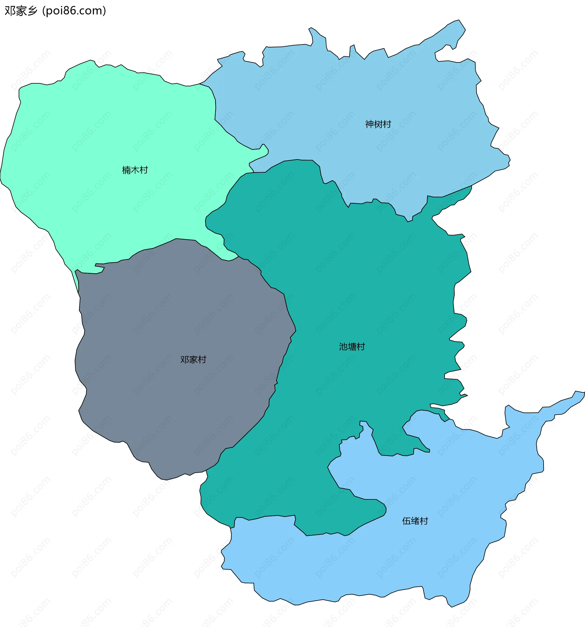 邓家乡边界地图(五级行政区划)