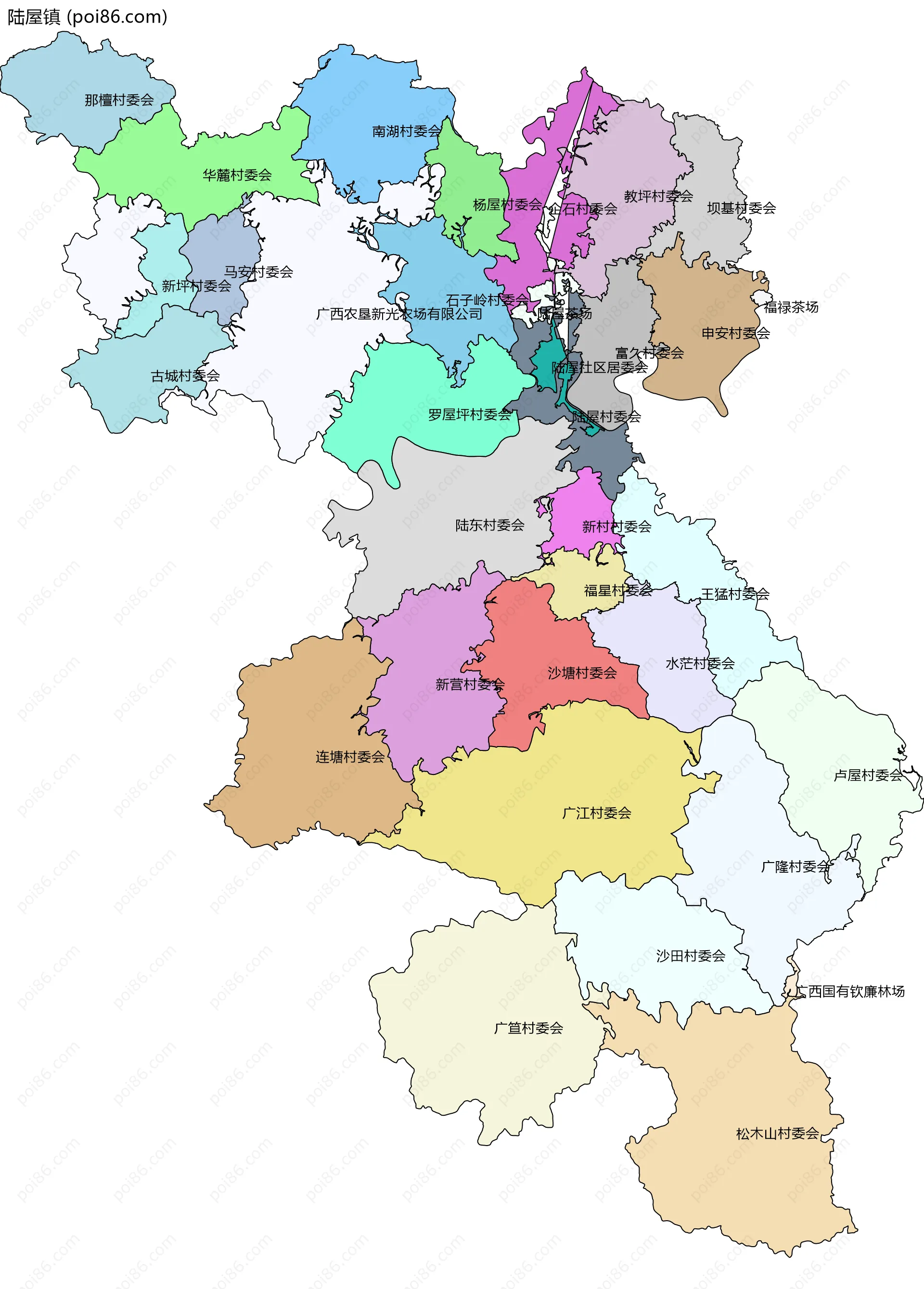 陆屋镇边界地图(五级行政区划)