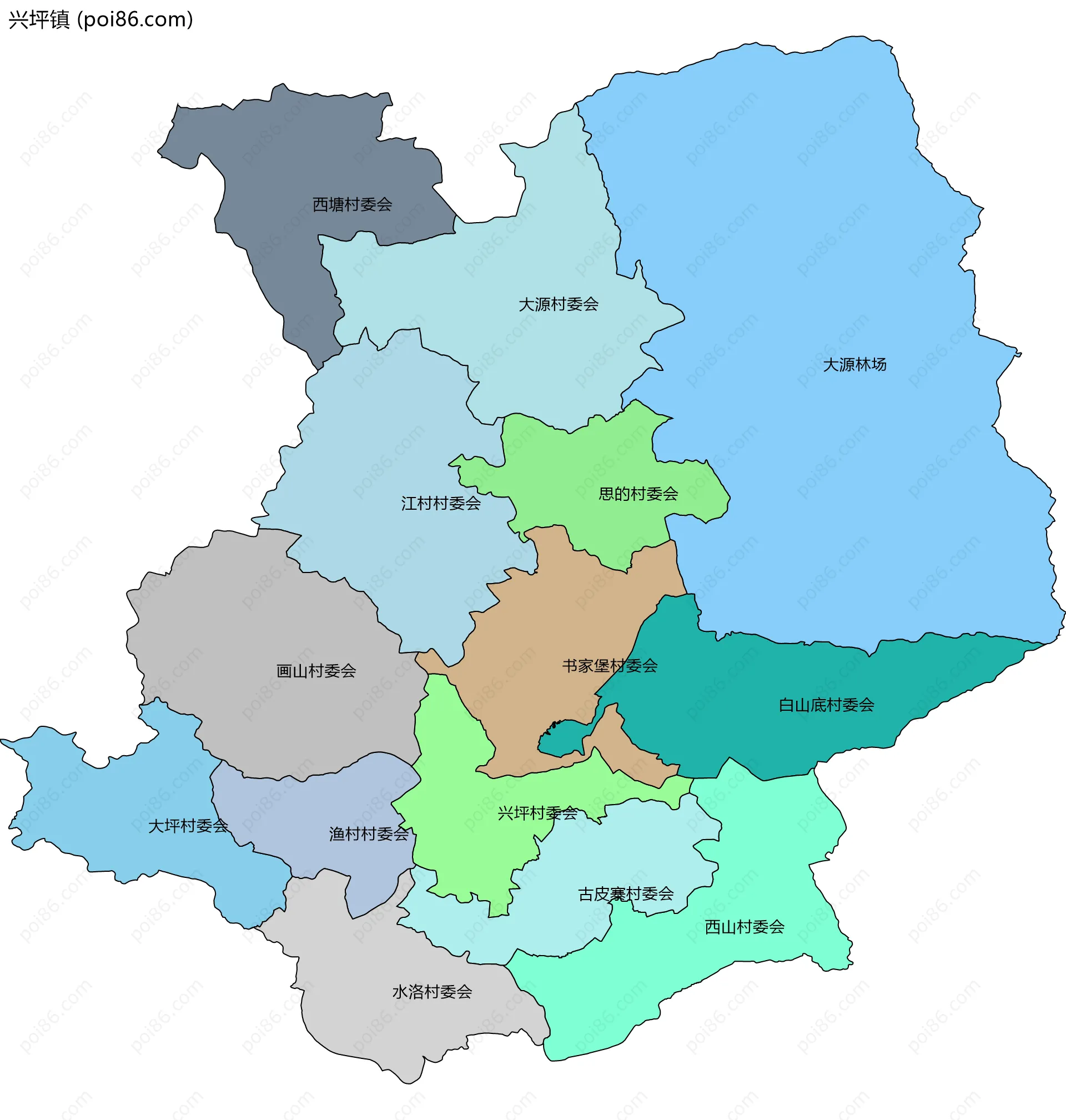 兴坪镇边界地图(五级行政区划)