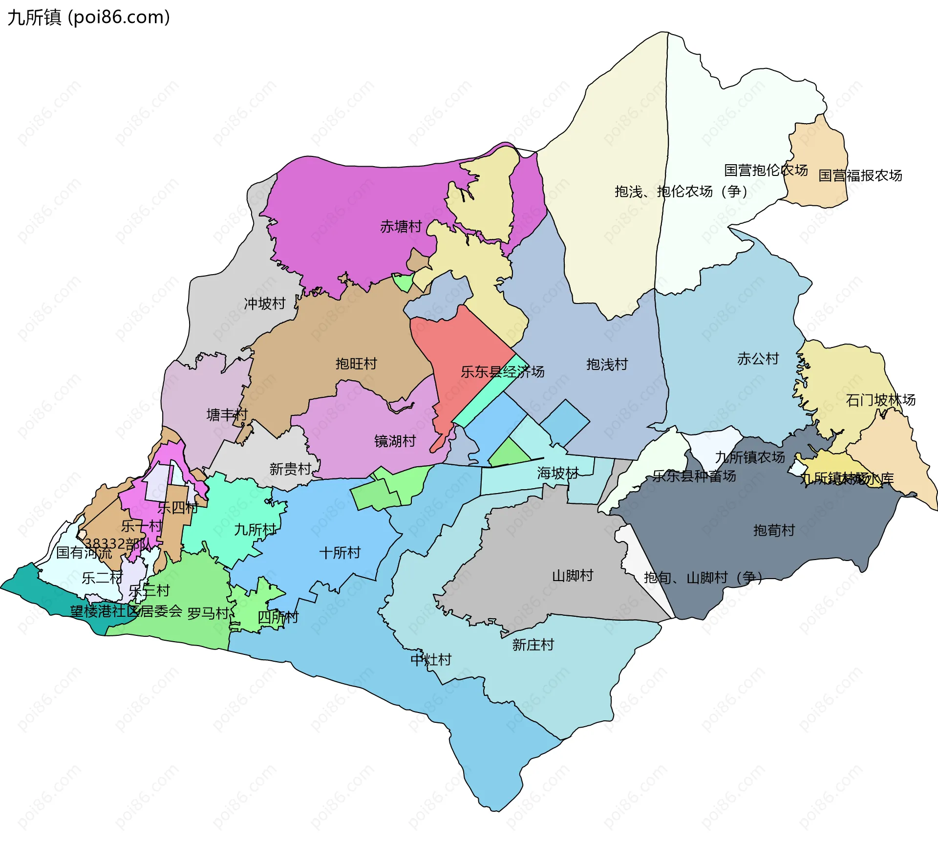 九所镇边界地图(五级行政区划)