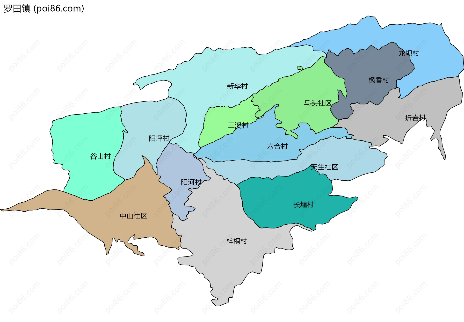 罗田镇边界地图(五级行政区划)