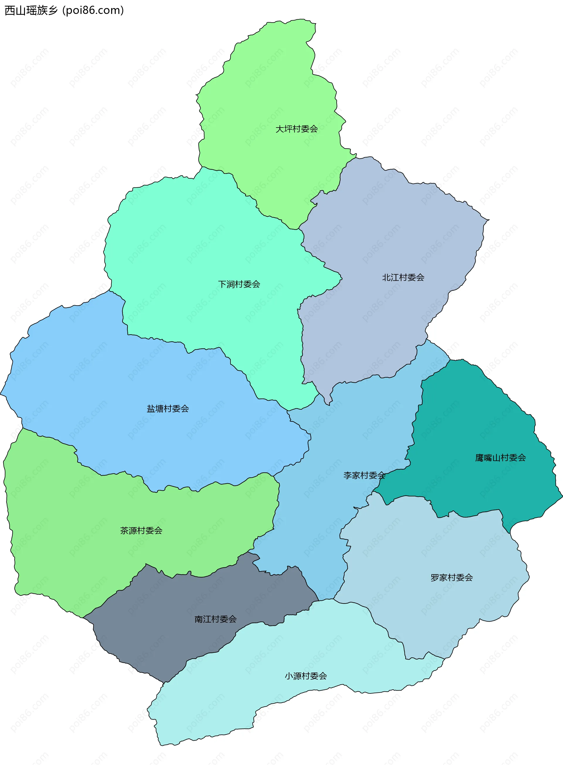 西山瑶族乡边界地图(五级行政区划)