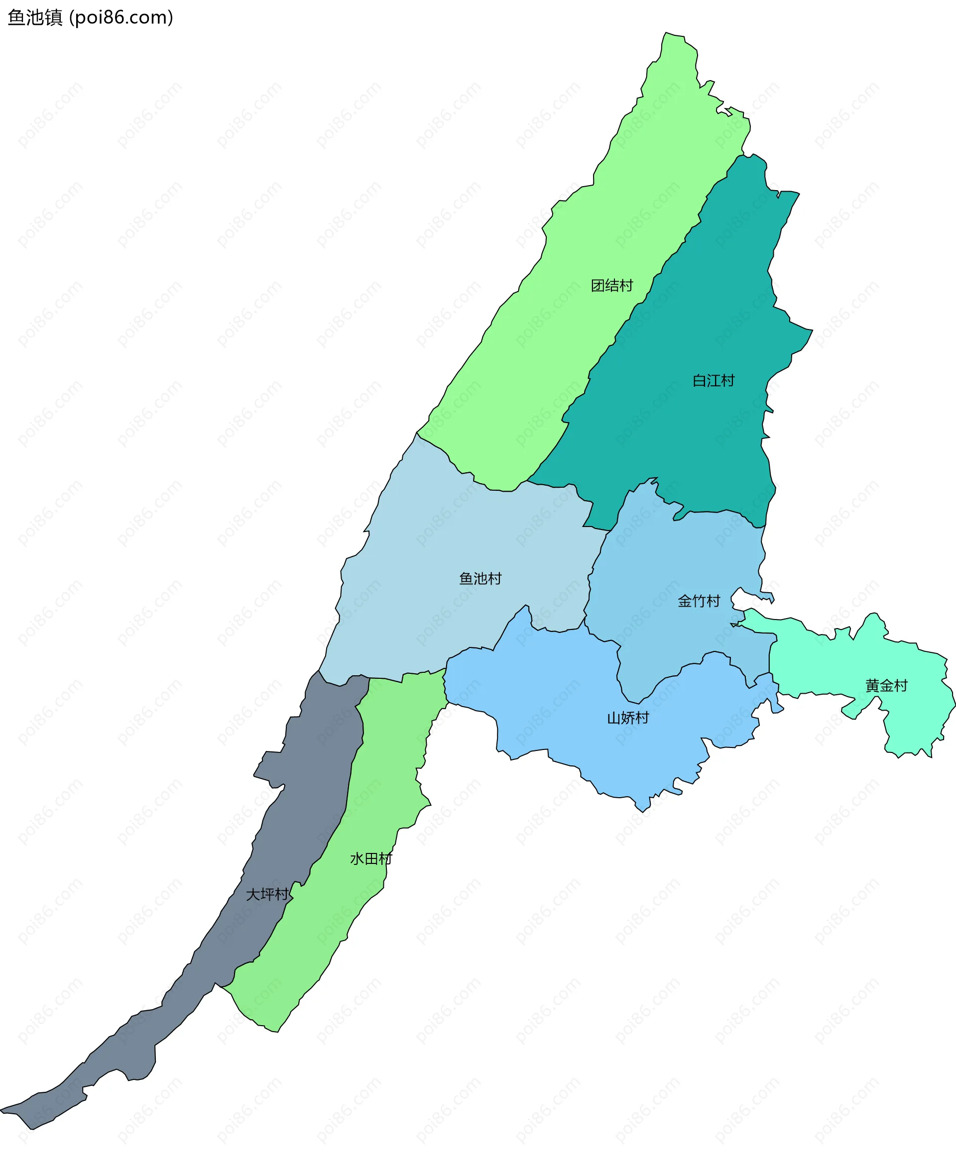 鱼池镇边界地图(五级行政区划)