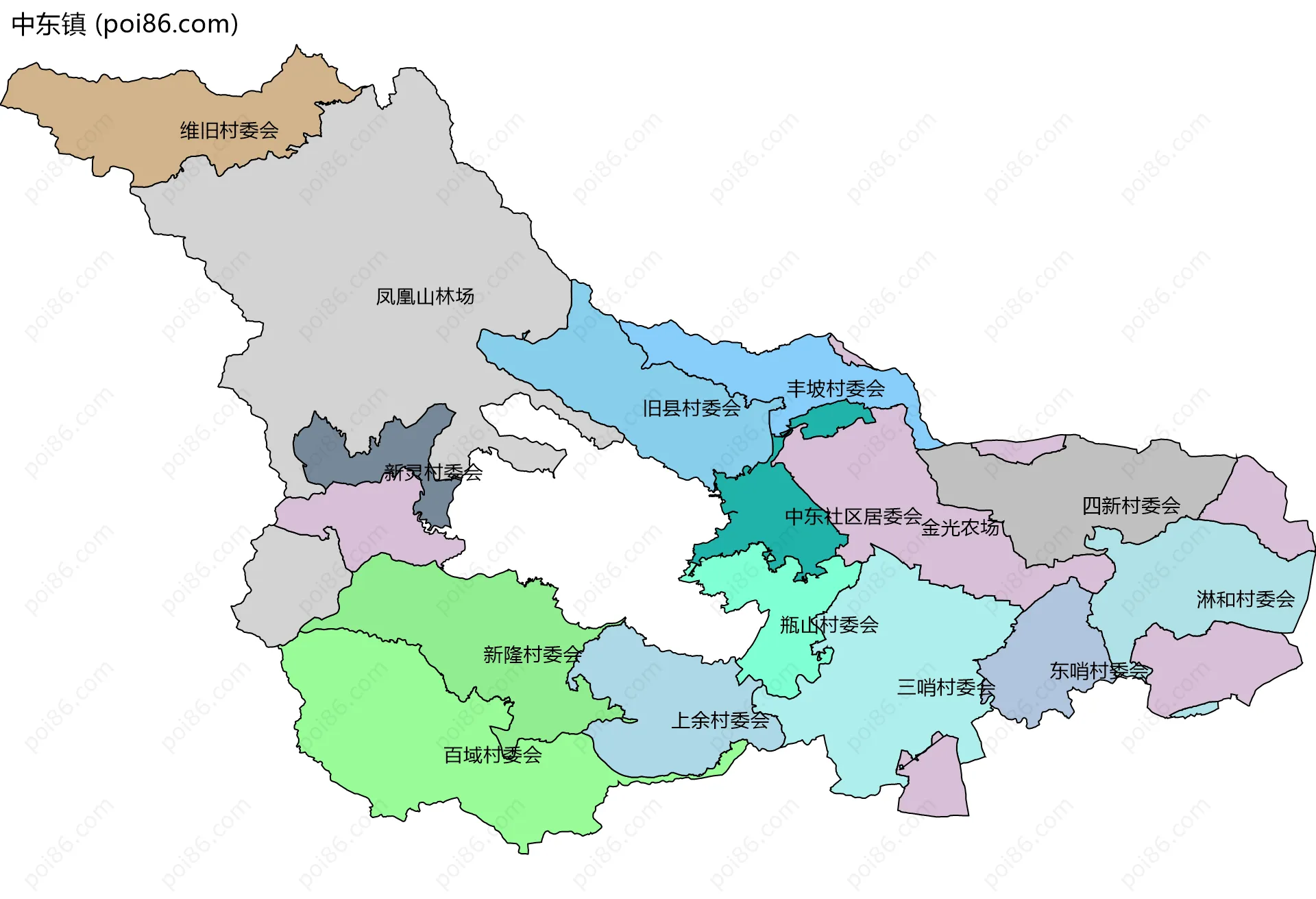 中东镇边界地图(五级行政区划)