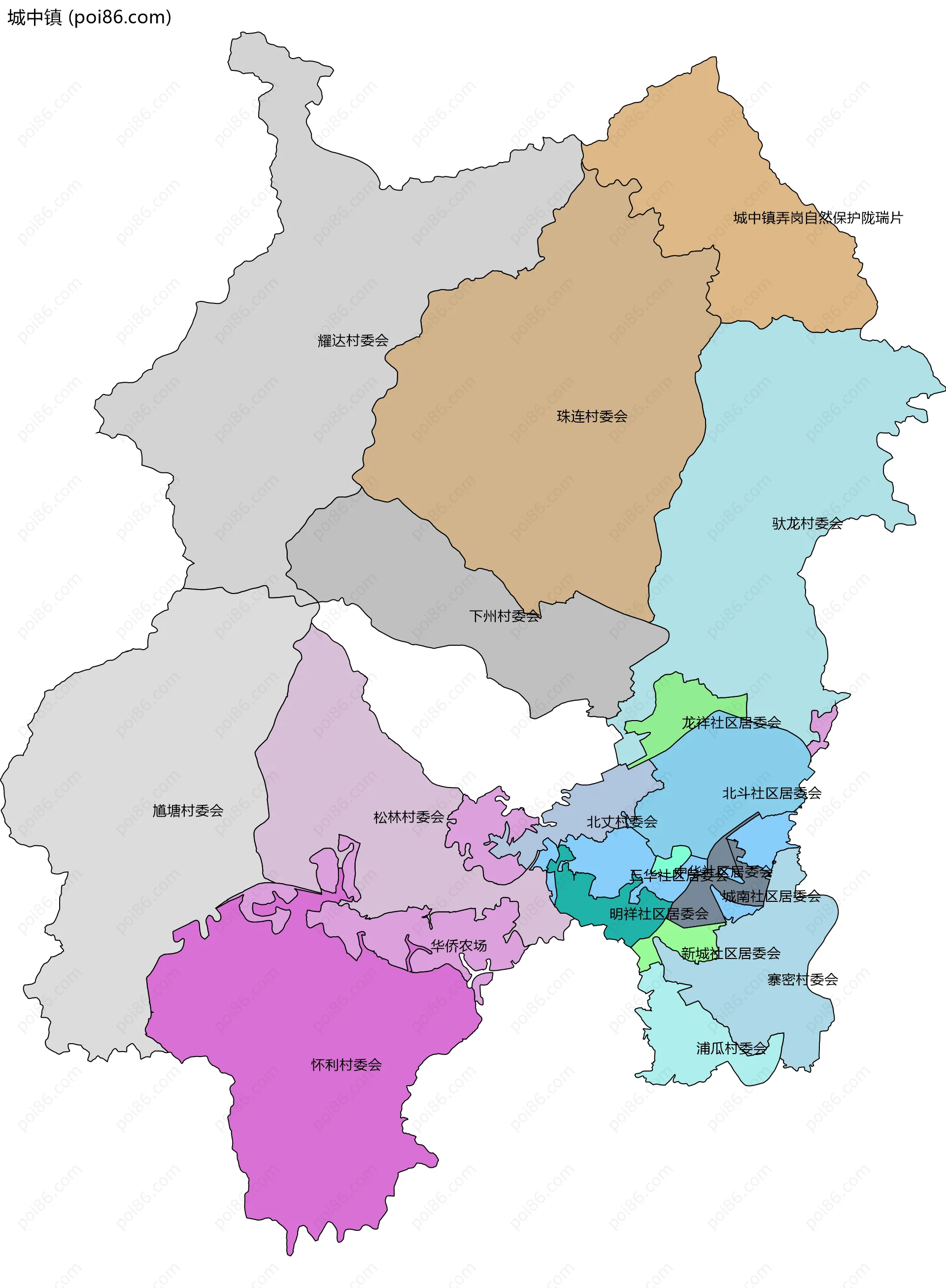 城中镇边界地图(五级行政区划)