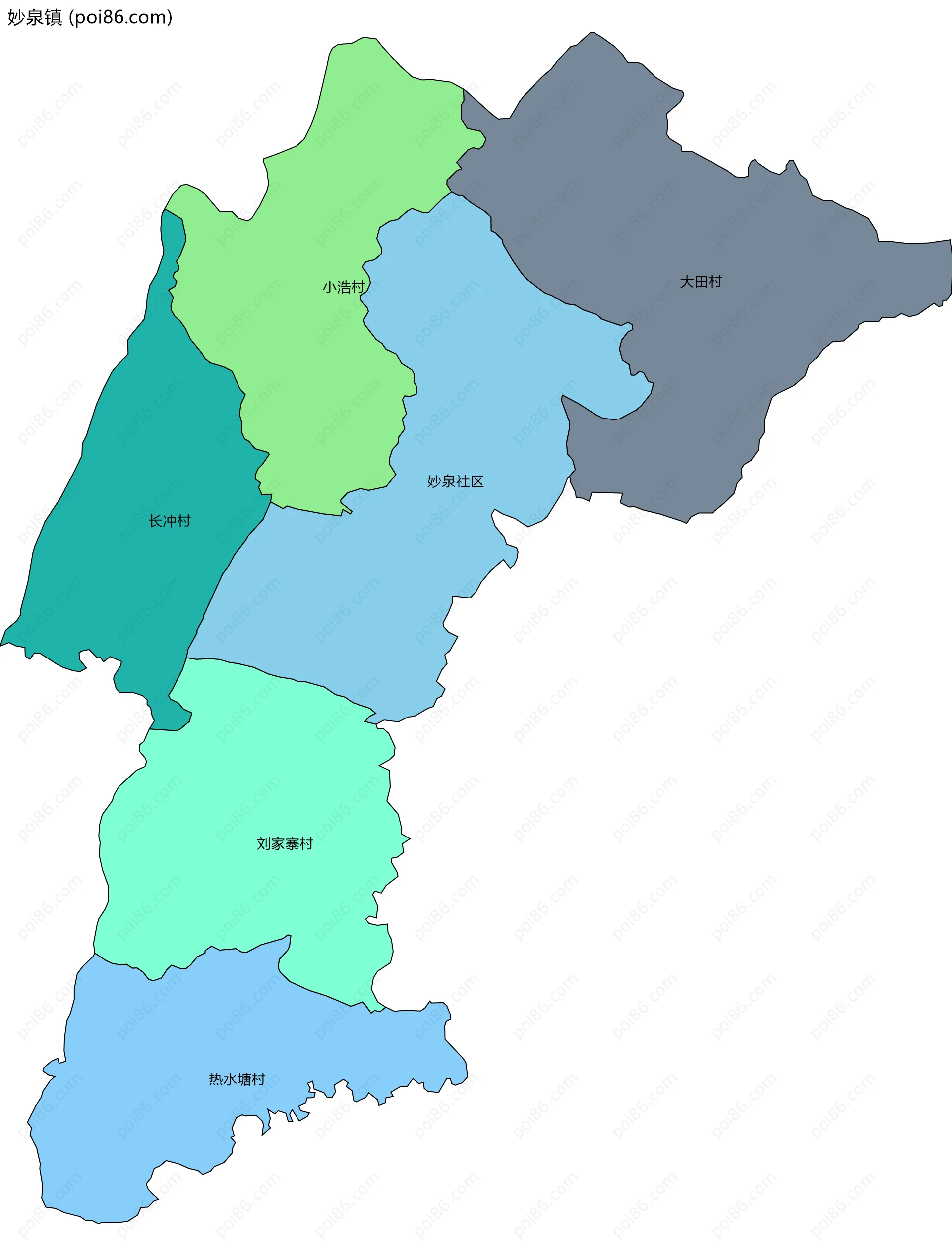 妙泉镇边界地图(五级行政区划)