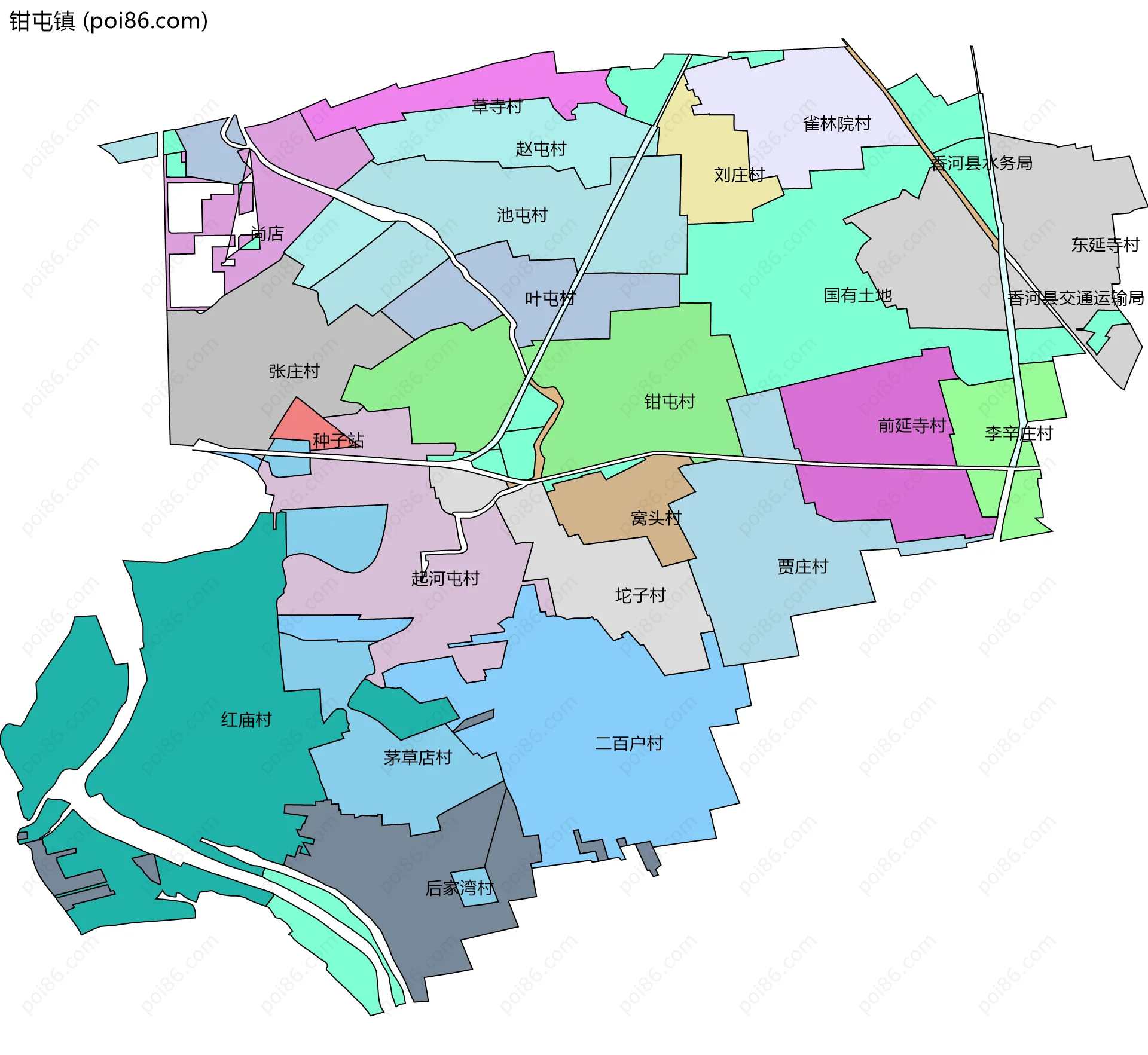 钳屯镇边界地图(五级行政区划)