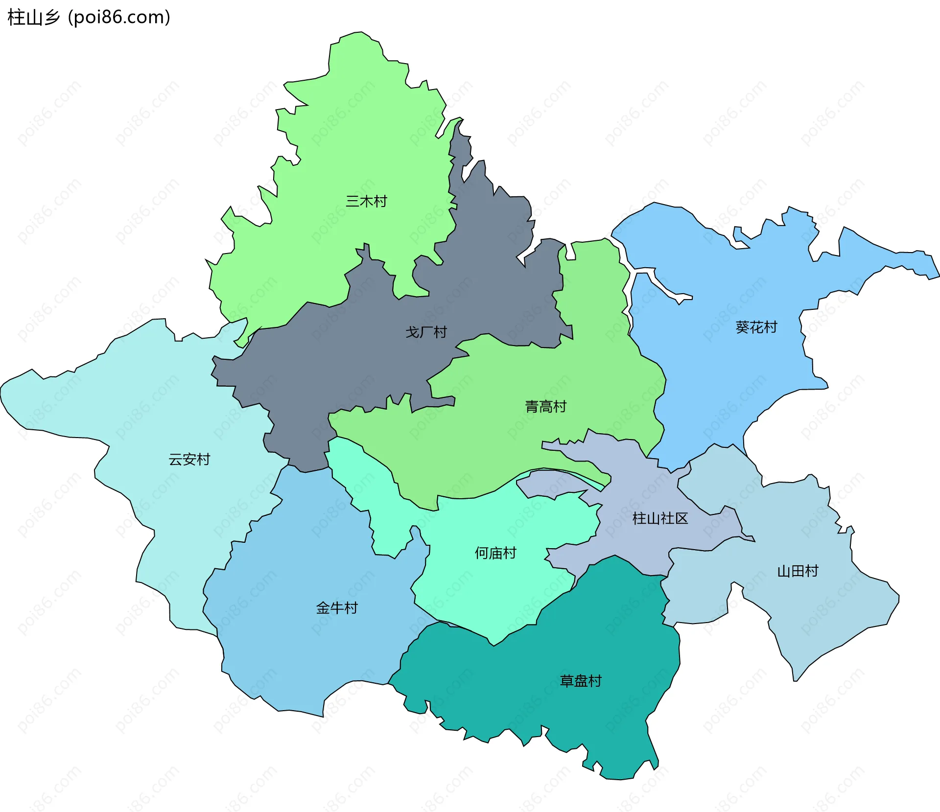 柱山乡边界地图(五级行政区划)