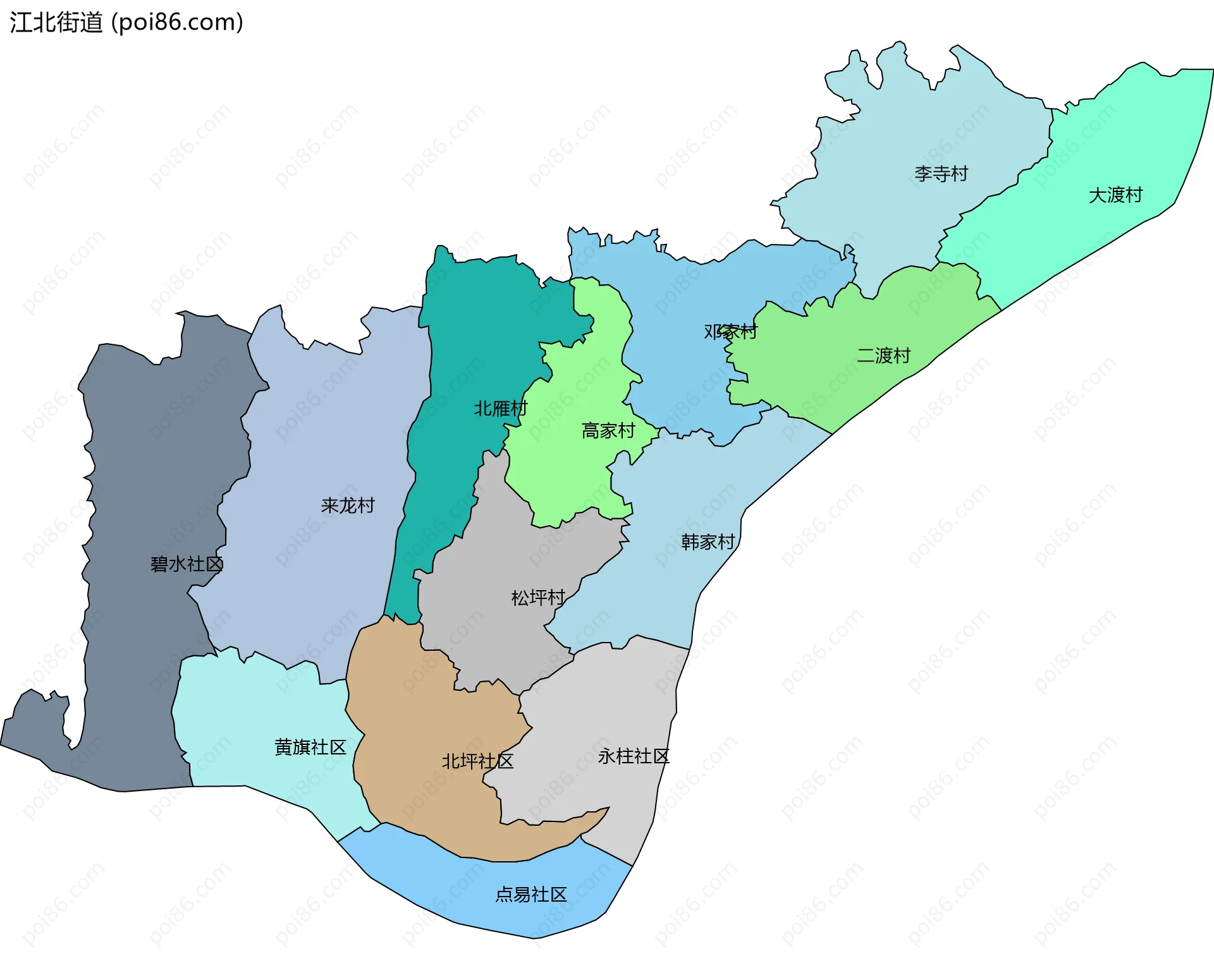 江北街道边界地图(五级行政区划)