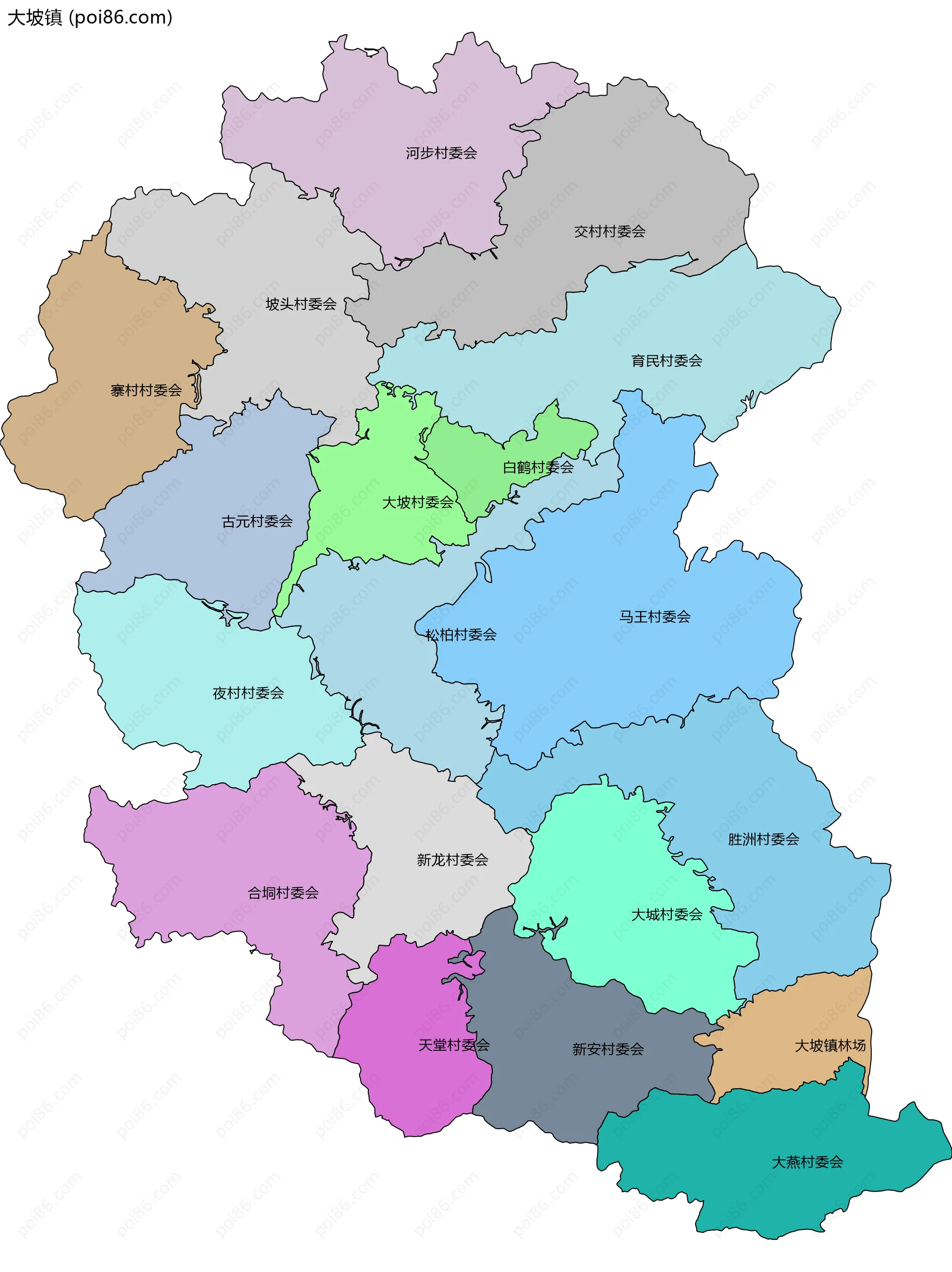 大坡镇边界地图(五级行政区划)