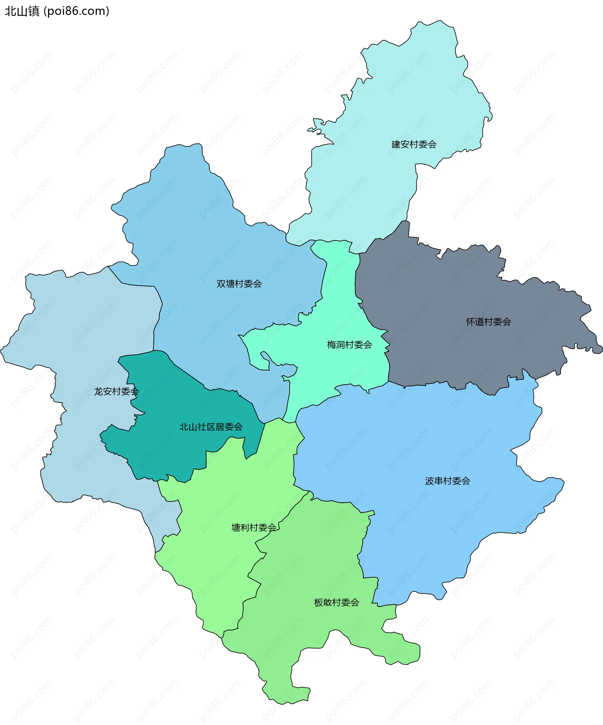 北山镇边界地图(五级行政区划)