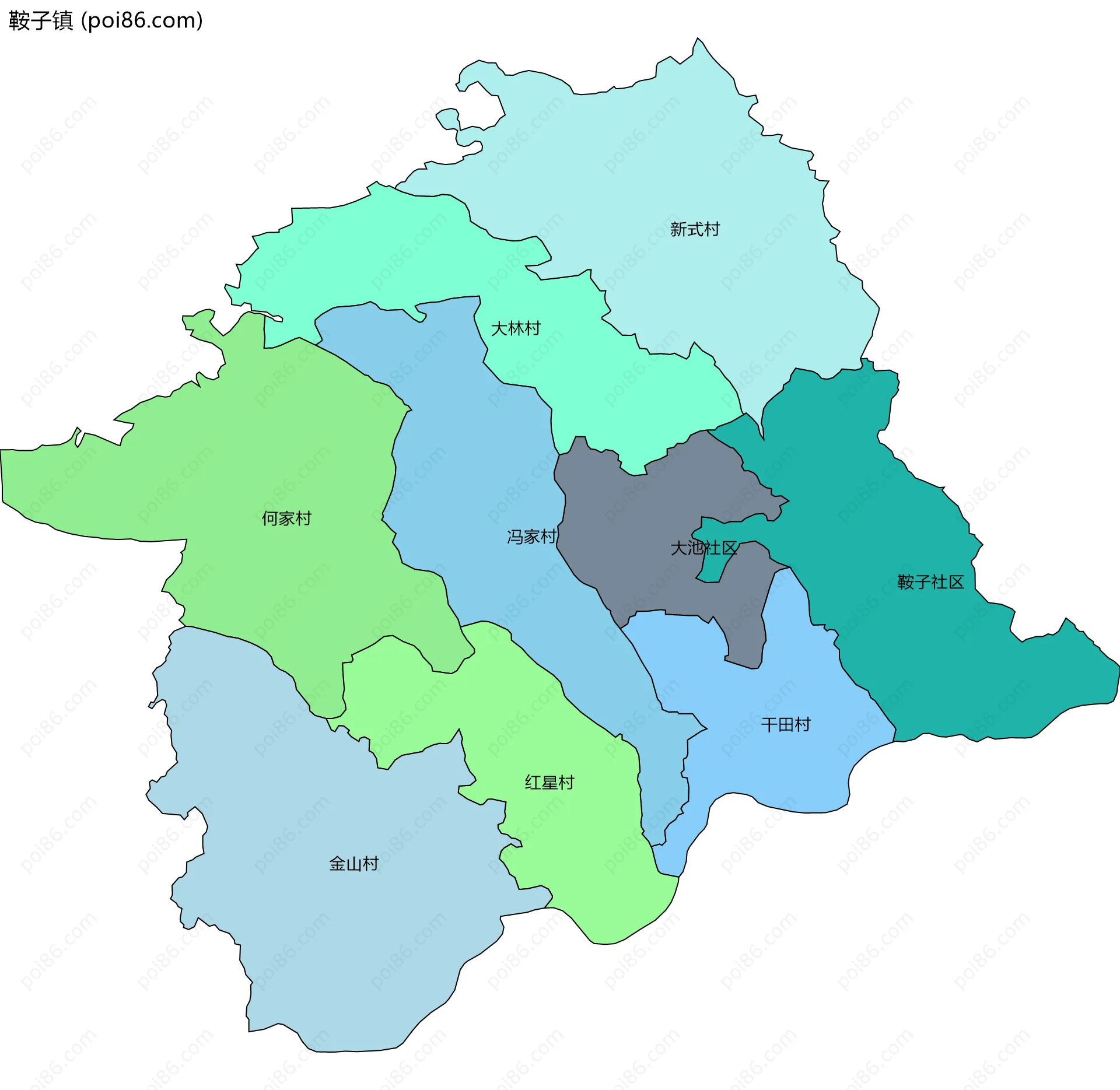 鞍子镇边界地图(五级行政区划)