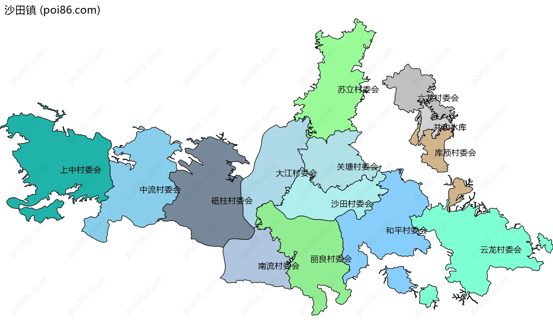 沙田镇边界地图(五级行政区划)