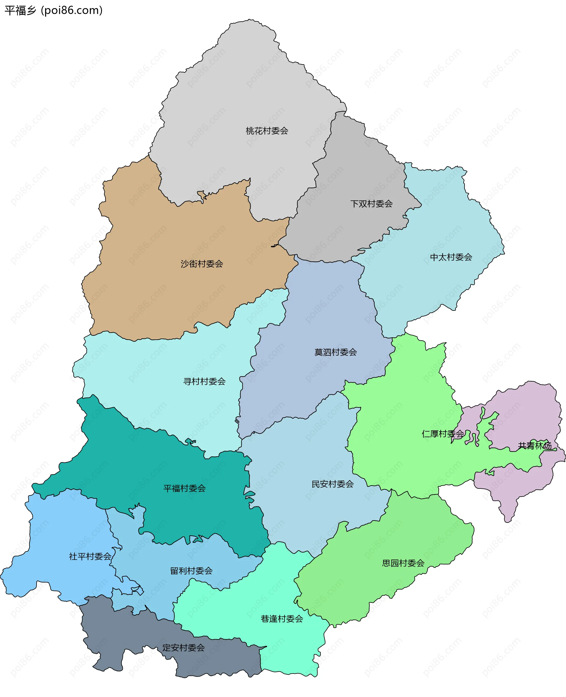 平福乡边界地图(五级行政区划)