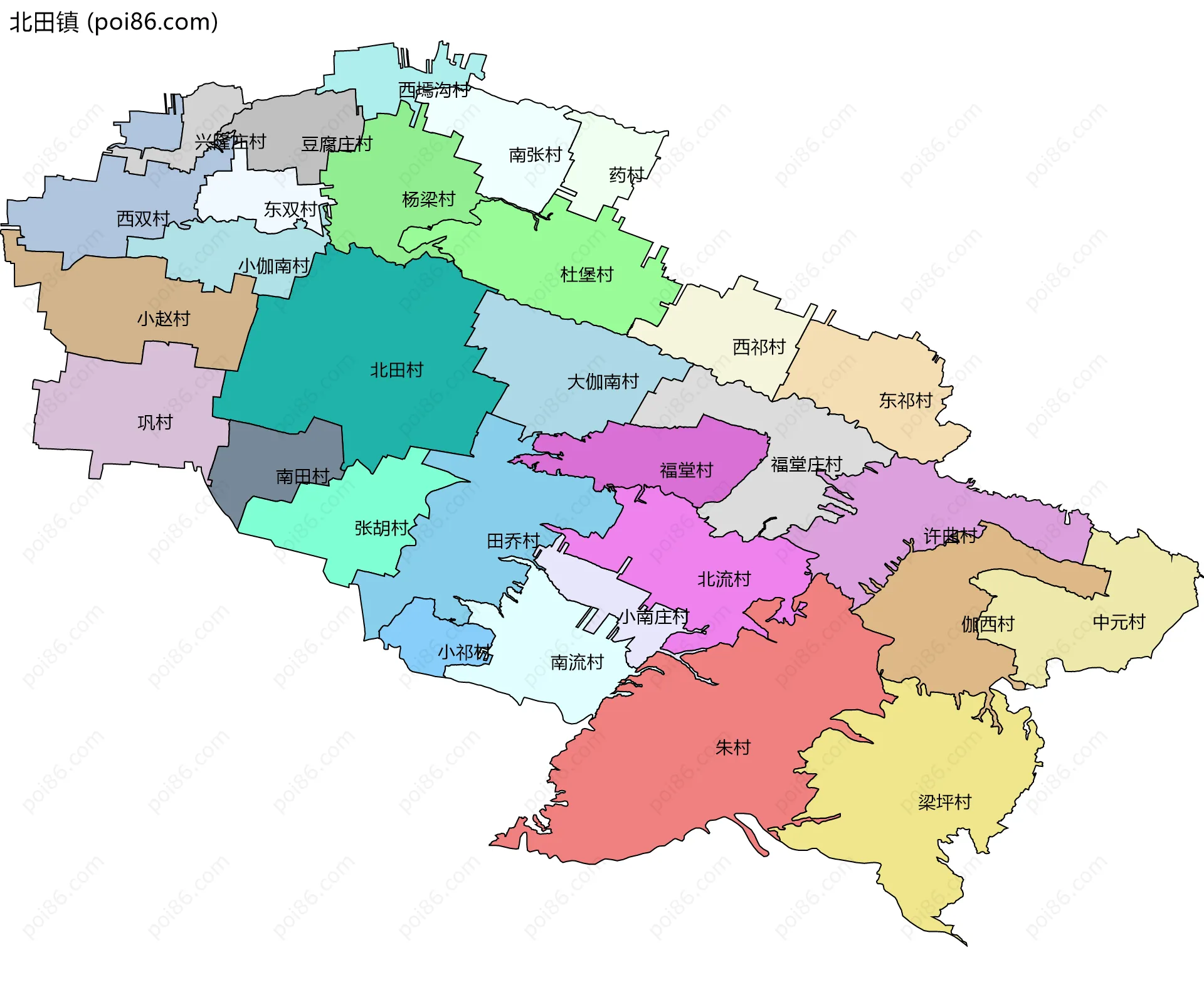 北田镇边界地图(五级行政区划)