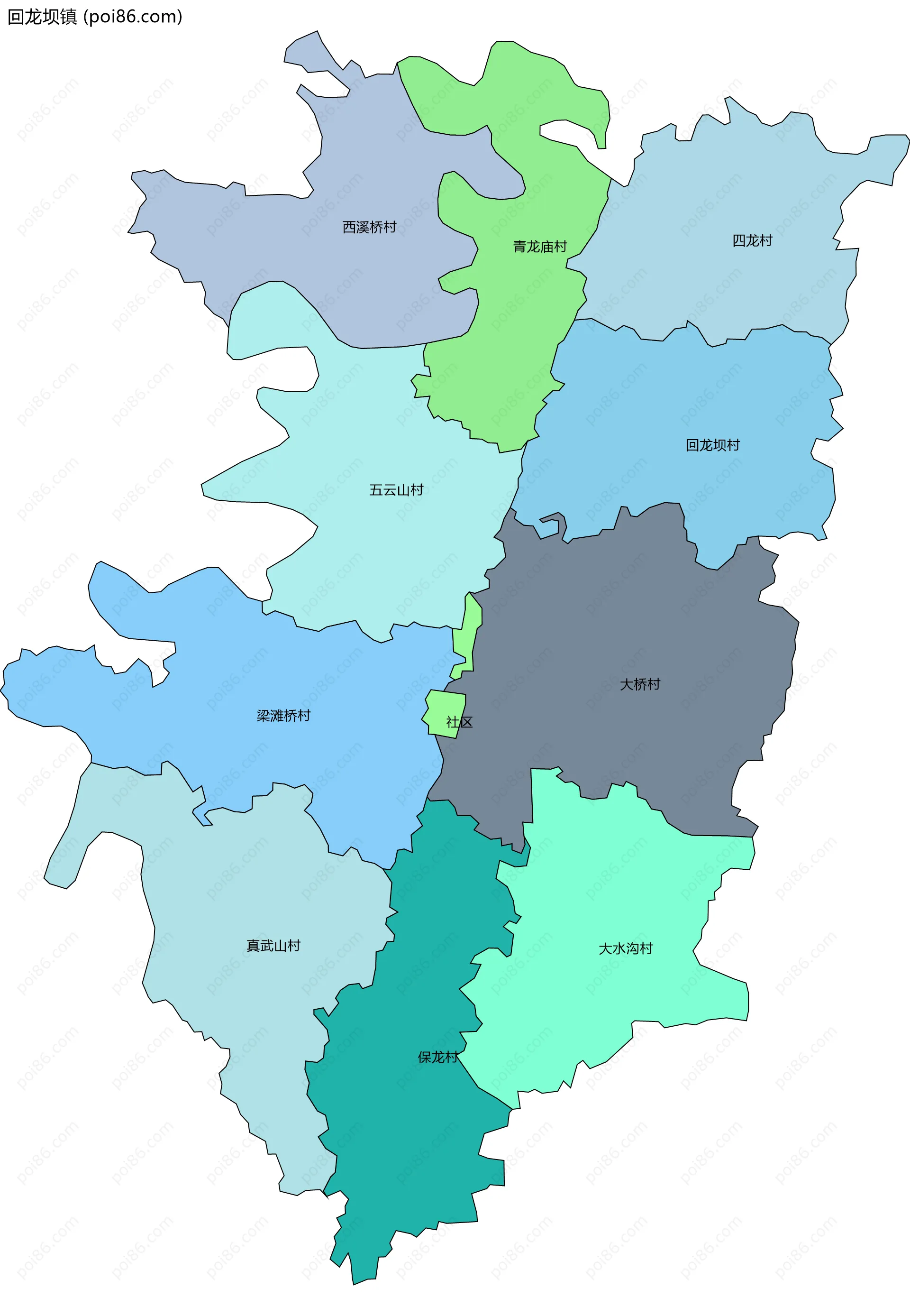 回龙坝镇边界地图(五级行政区划)