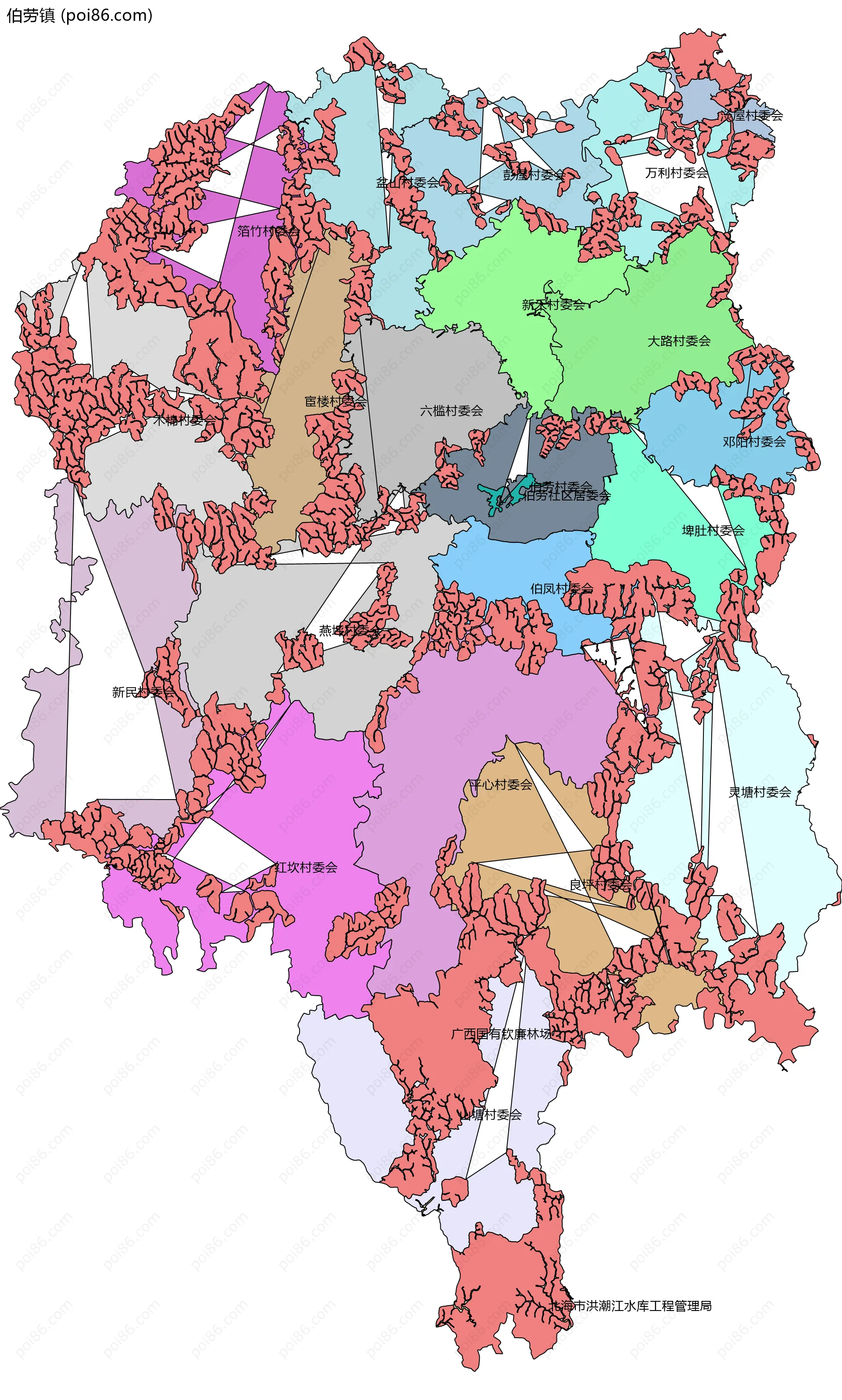 伯劳镇边界地图(五级行政区划)