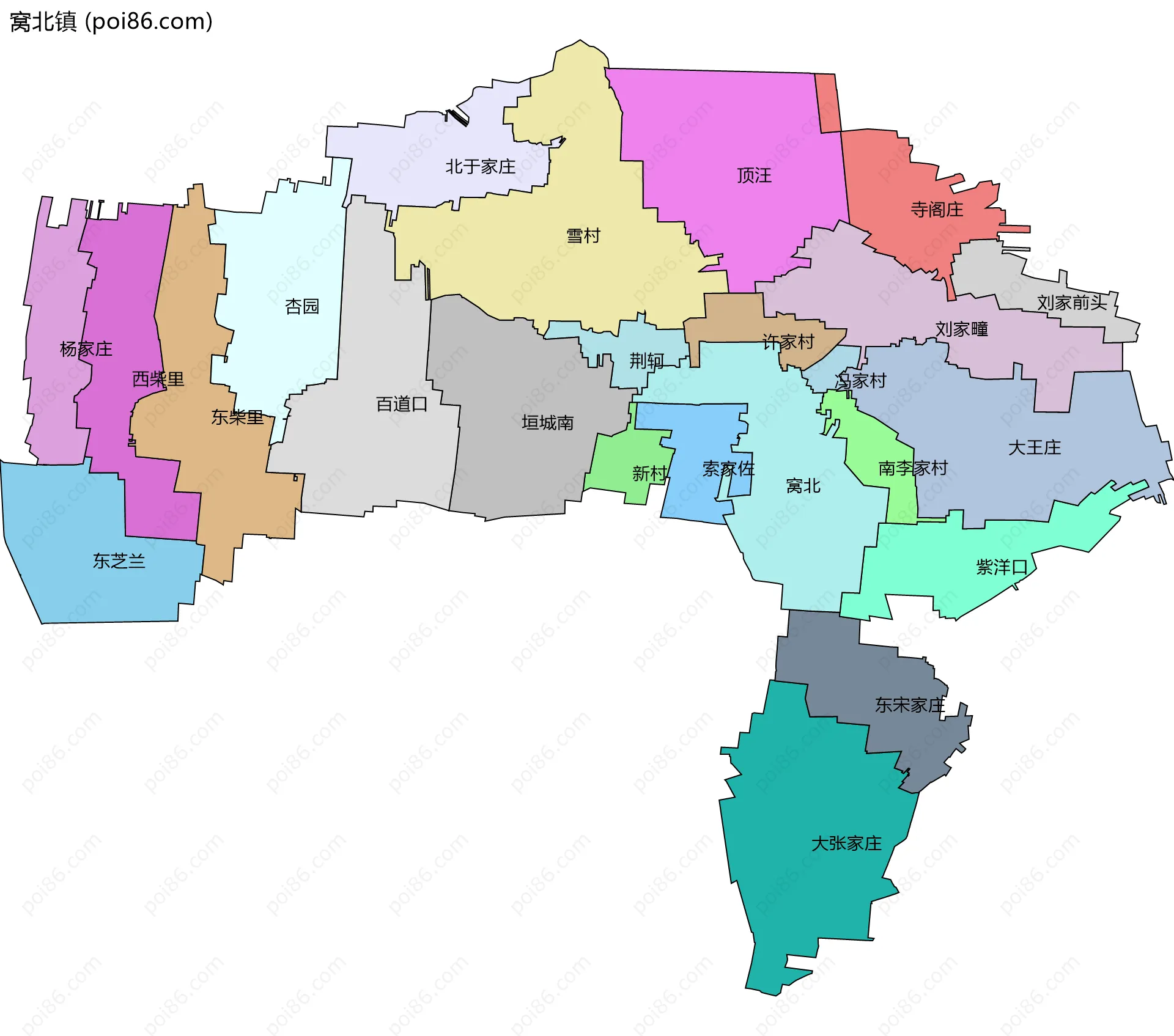 窝北镇边界地图(五级行政区划)