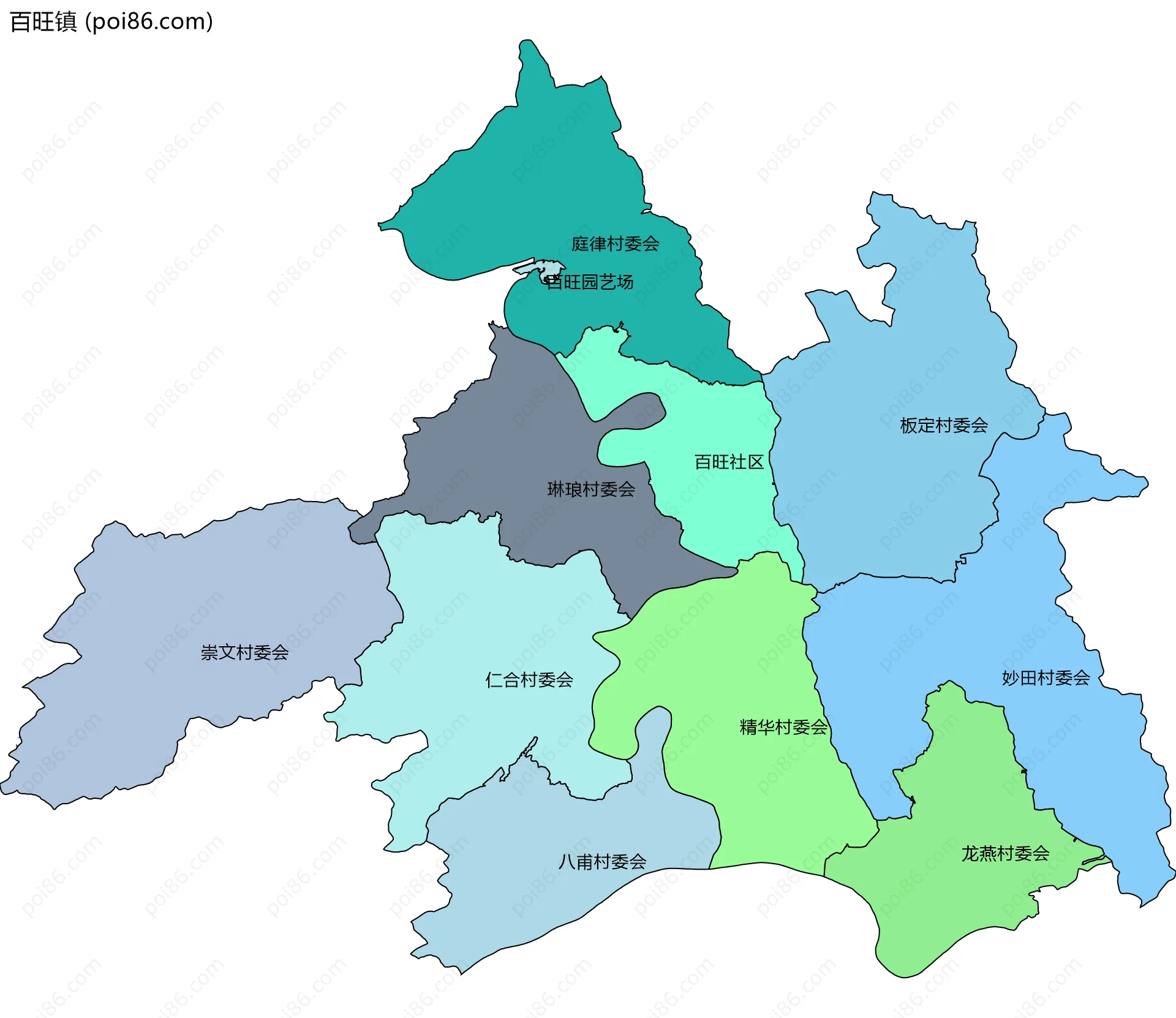 百旺镇边界地图(五级行政区划)