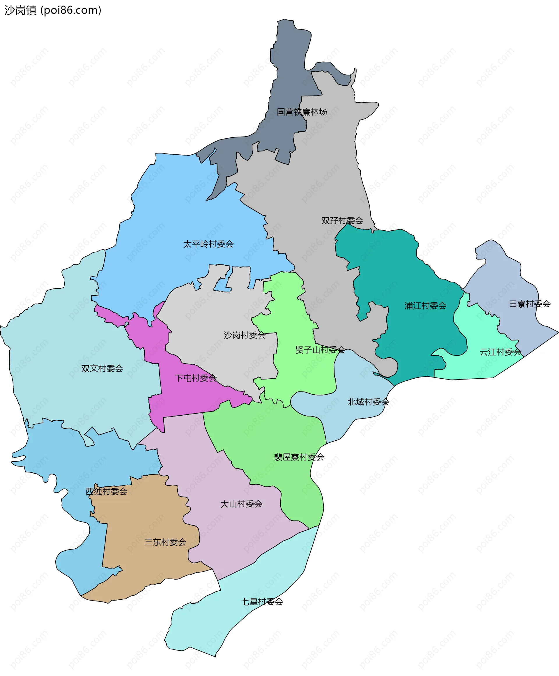 沙岗镇边界地图(五级行政区划)