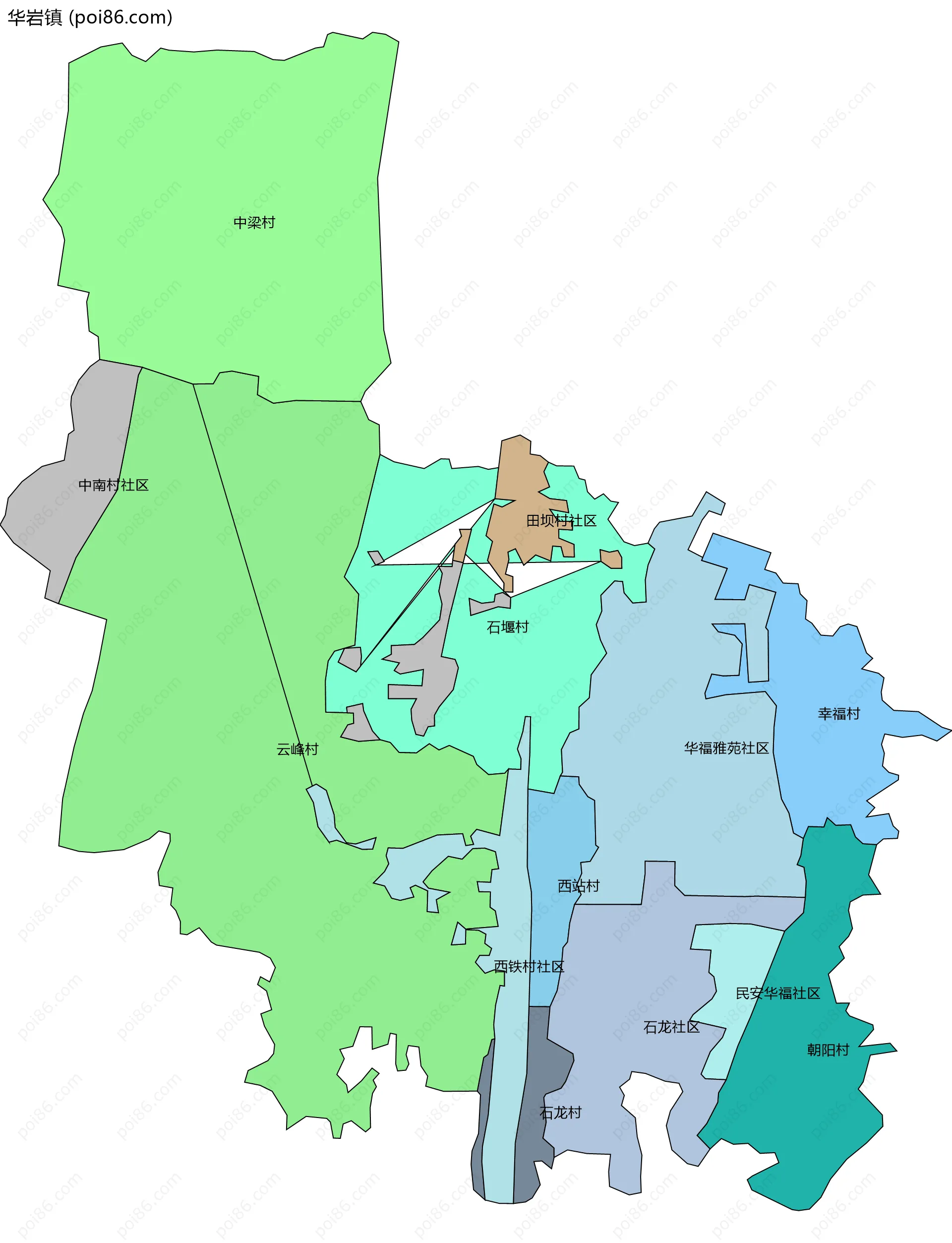 华岩镇边界地图(五级行政区划)